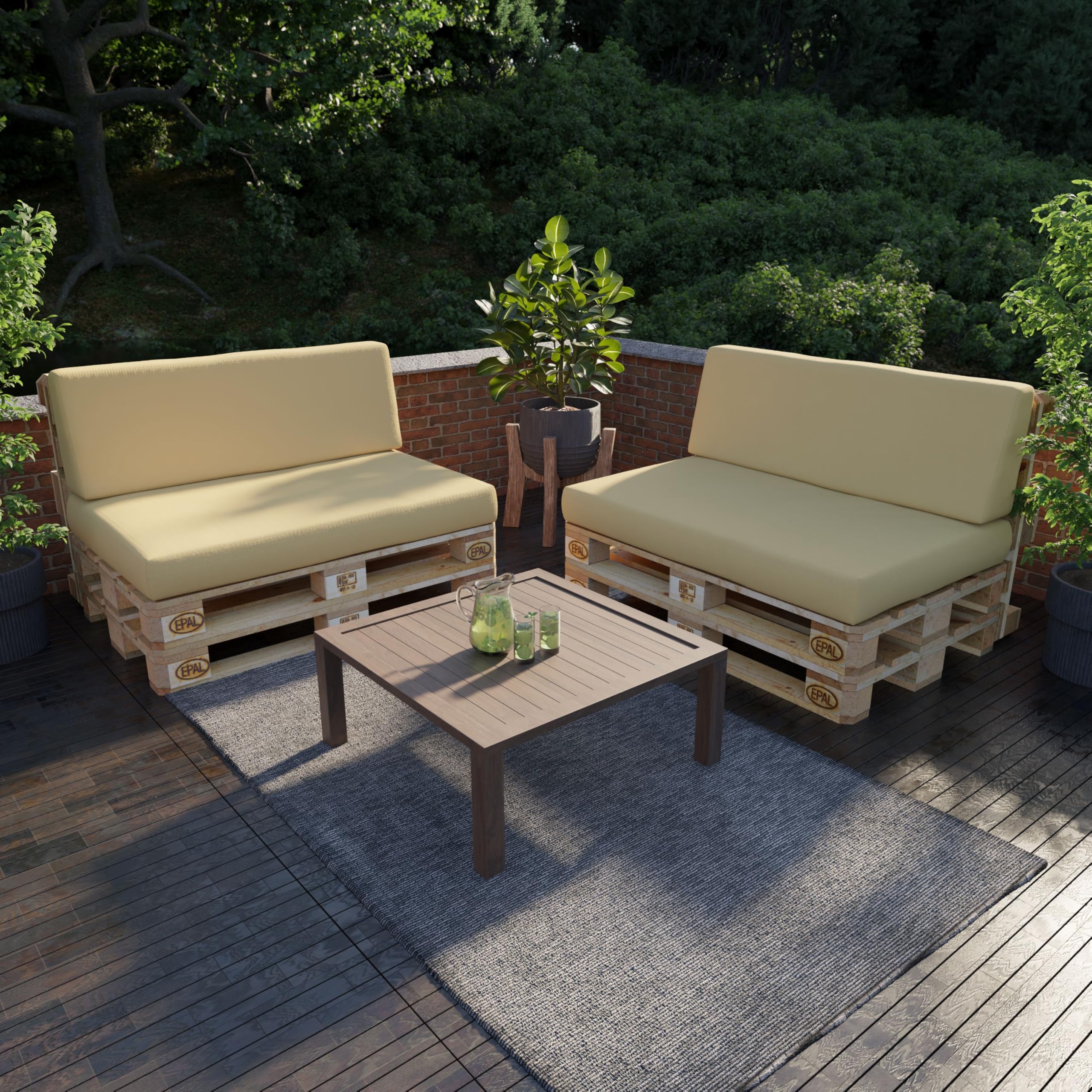 POKAR 2 Cojines para Europalés/Europalet Resistente al Agua: 1x Cojín-Asiento 120x80x12cm +1x Cojín-Respaldo 120x40x12cm, Espuma Fría, para Sofá de Paletas, sin Palés, Beige