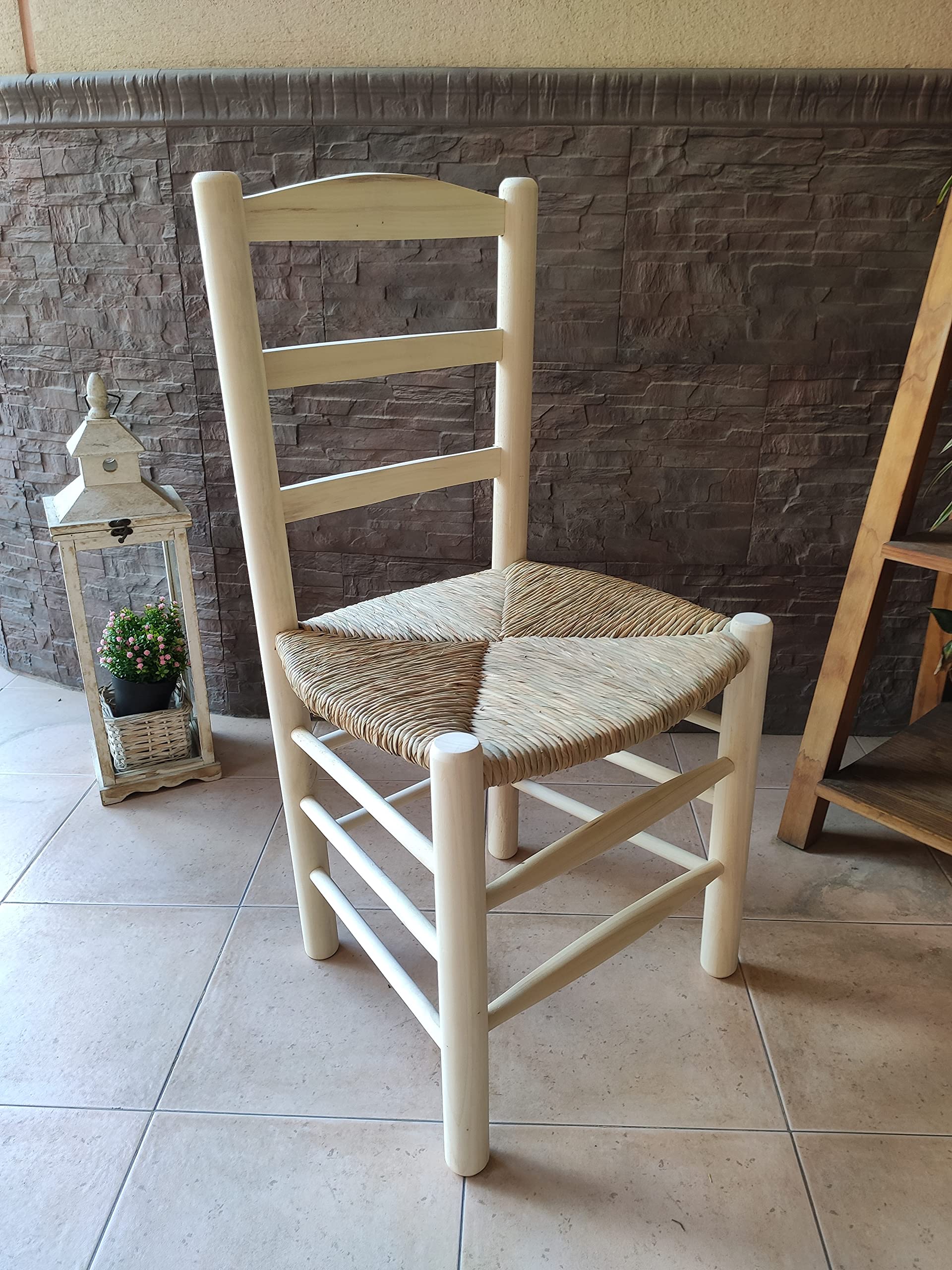 Silla Torneado Circular Asiento Tejido con Enea. Madera al Natural para Posterior Pintado. 45x40cm, Altura Asiento 45cm, Altura Total 92cm