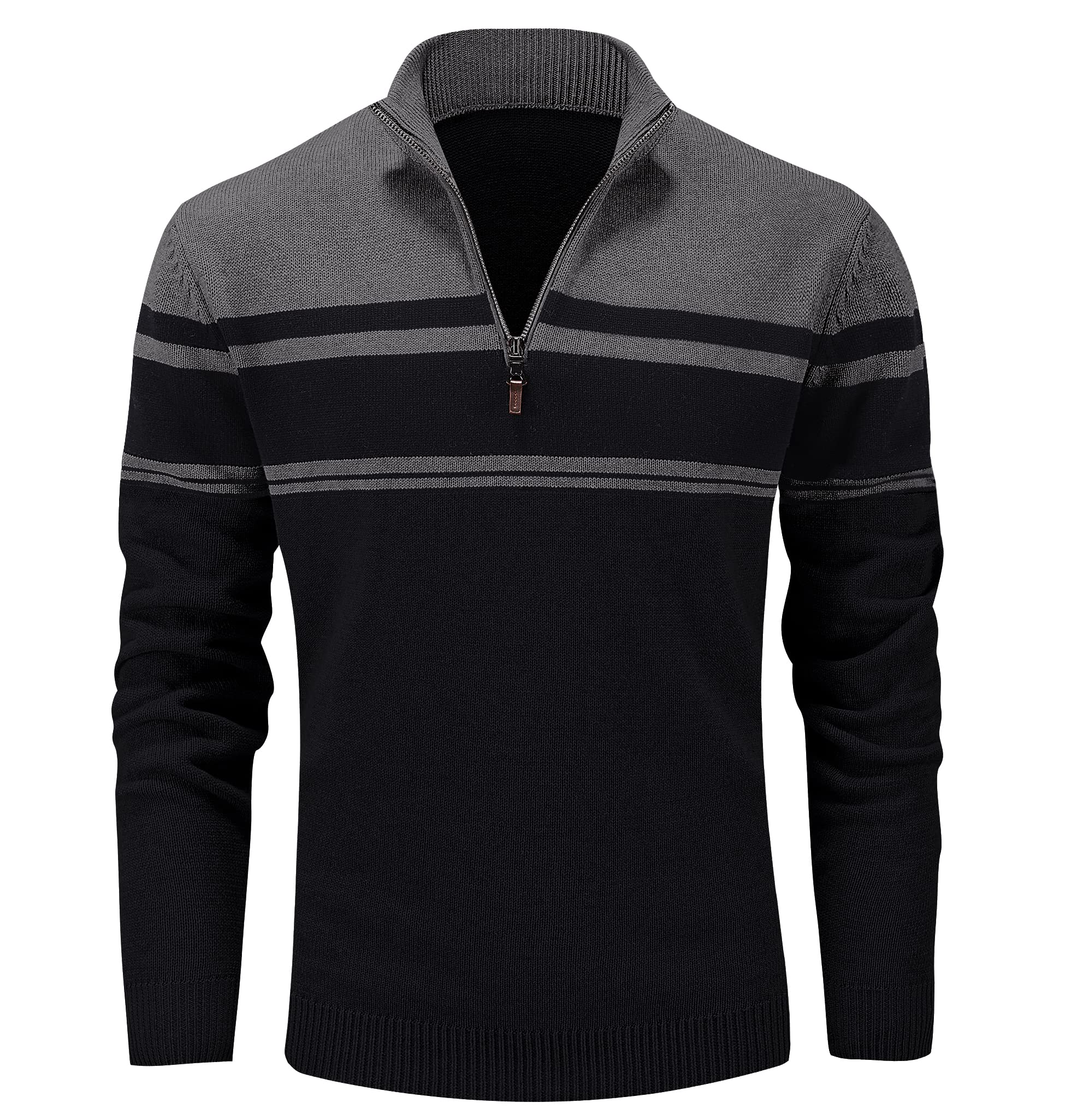 MAGCOMSEN Maglione da uomo lavorato a maglia, collo alto, zip 1/4, a righe, in cotone, a maniche lunghe, in pile, elasticizzato, da lavoro, per autunno e inverno, grigio scuro-nero, L
