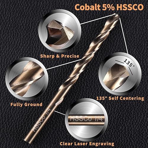 Miniatura 2 de Broca de cobalto de 14 pulgadas, brocas de metal HSS M35 para acero, acero inoxidable, hierro fundido, plástico duro y madera (15 unidades)