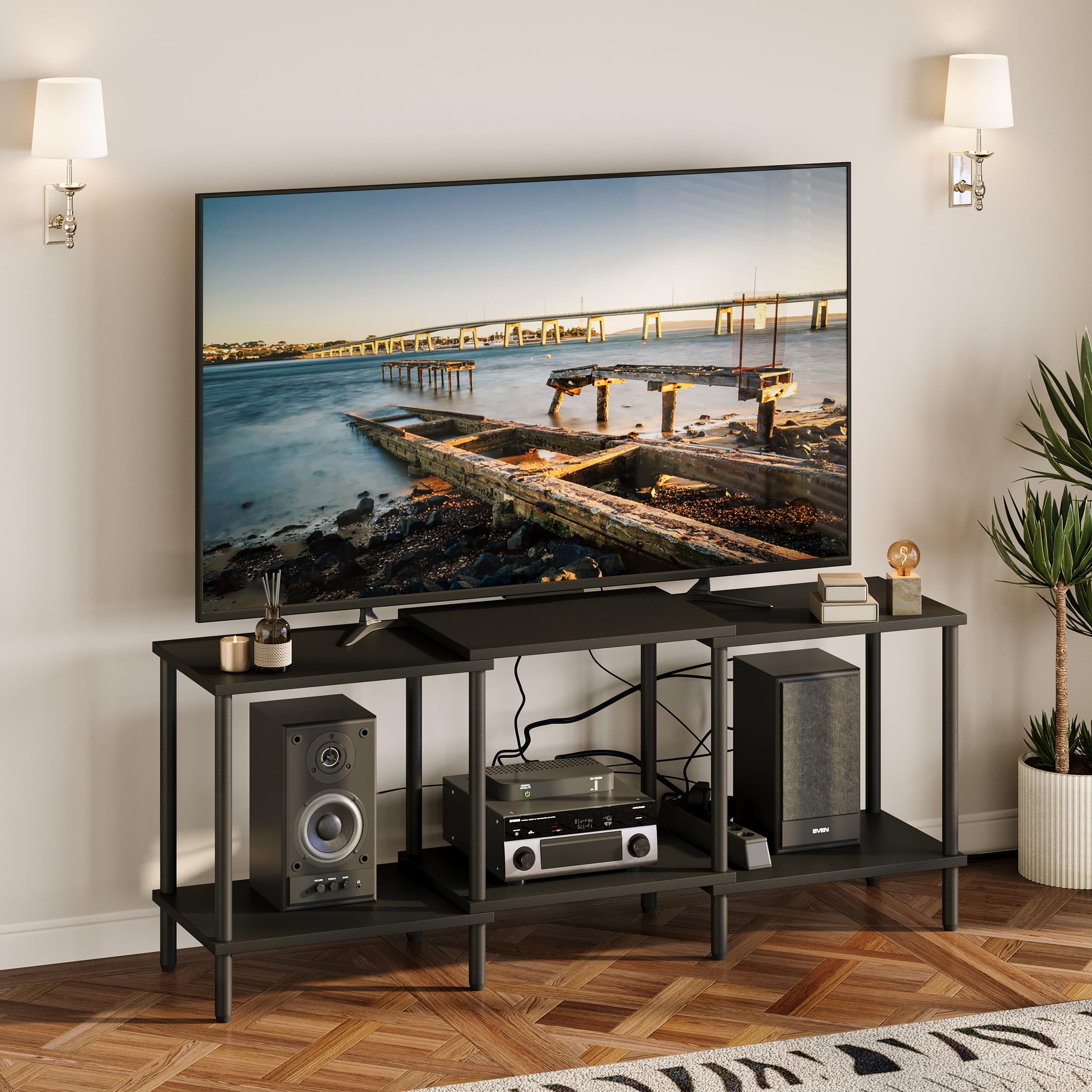 TV Schrank TV Board Sideboard Fernsehtisch aus Holz 2 Ebenen offene Fächer für Wohnzimmer und Schlafzimmer Schwarz LTS107BK