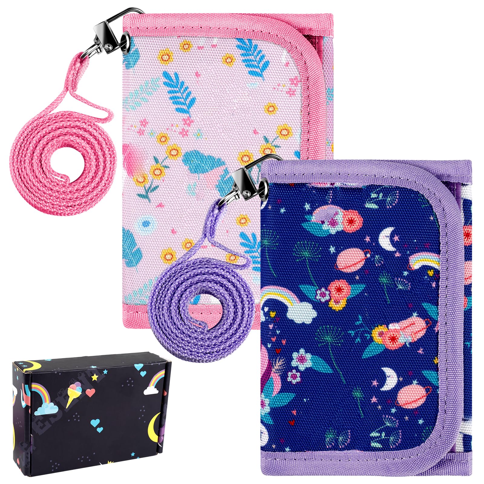 Hicdaw 2 Pcs Kids Wallets for Girls 6-12 Ages Detachable Lanyard Purple Wallet Zipper Coin Purse Pink Wallet with Gift Box
