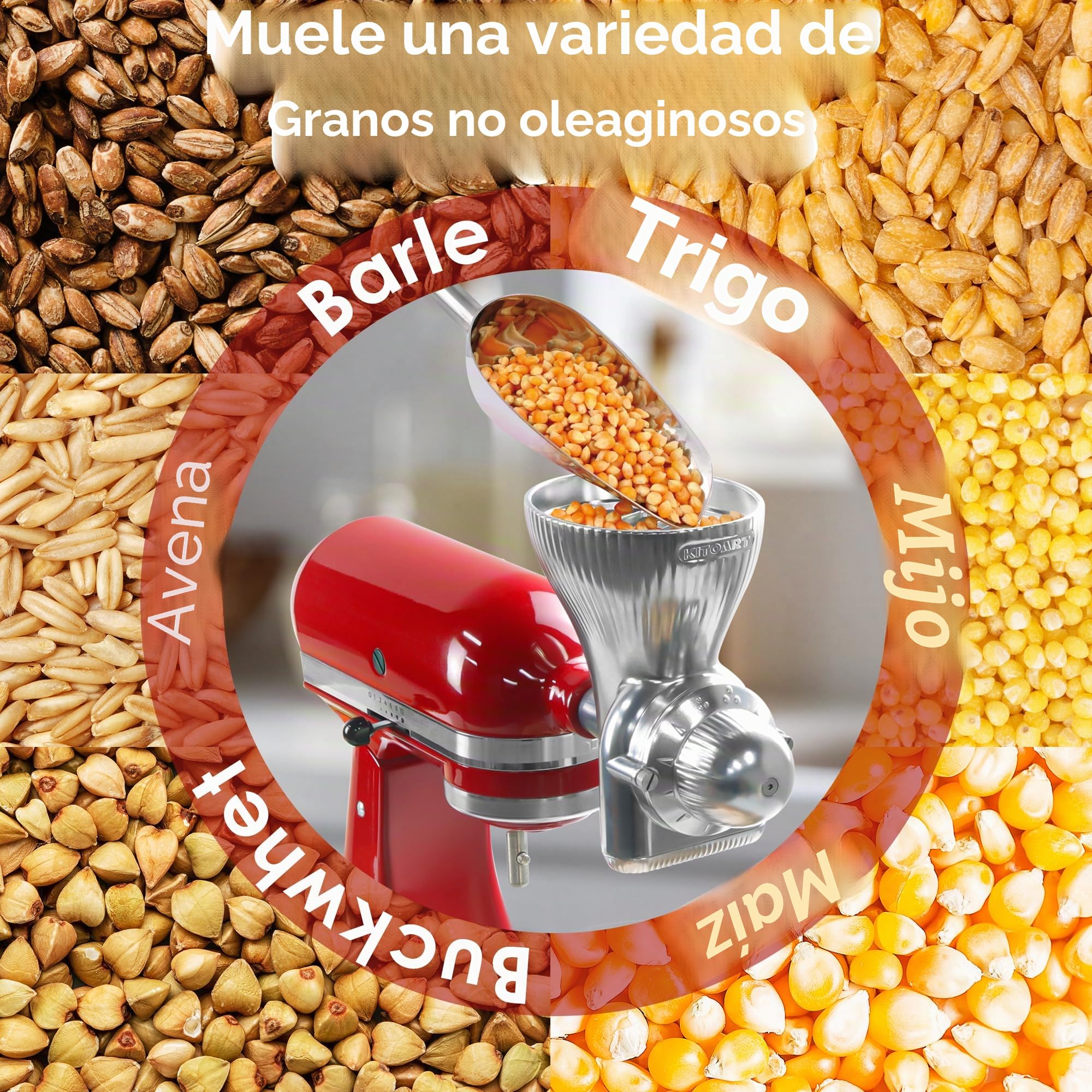 Accesorio de molino de grano de metal para batidora KitchenAid con molino de harina de 12 niveles de molienda, accesorio de molino de grano apto para moler trigo, maíz, avena, trigo sarraceno, mijo y