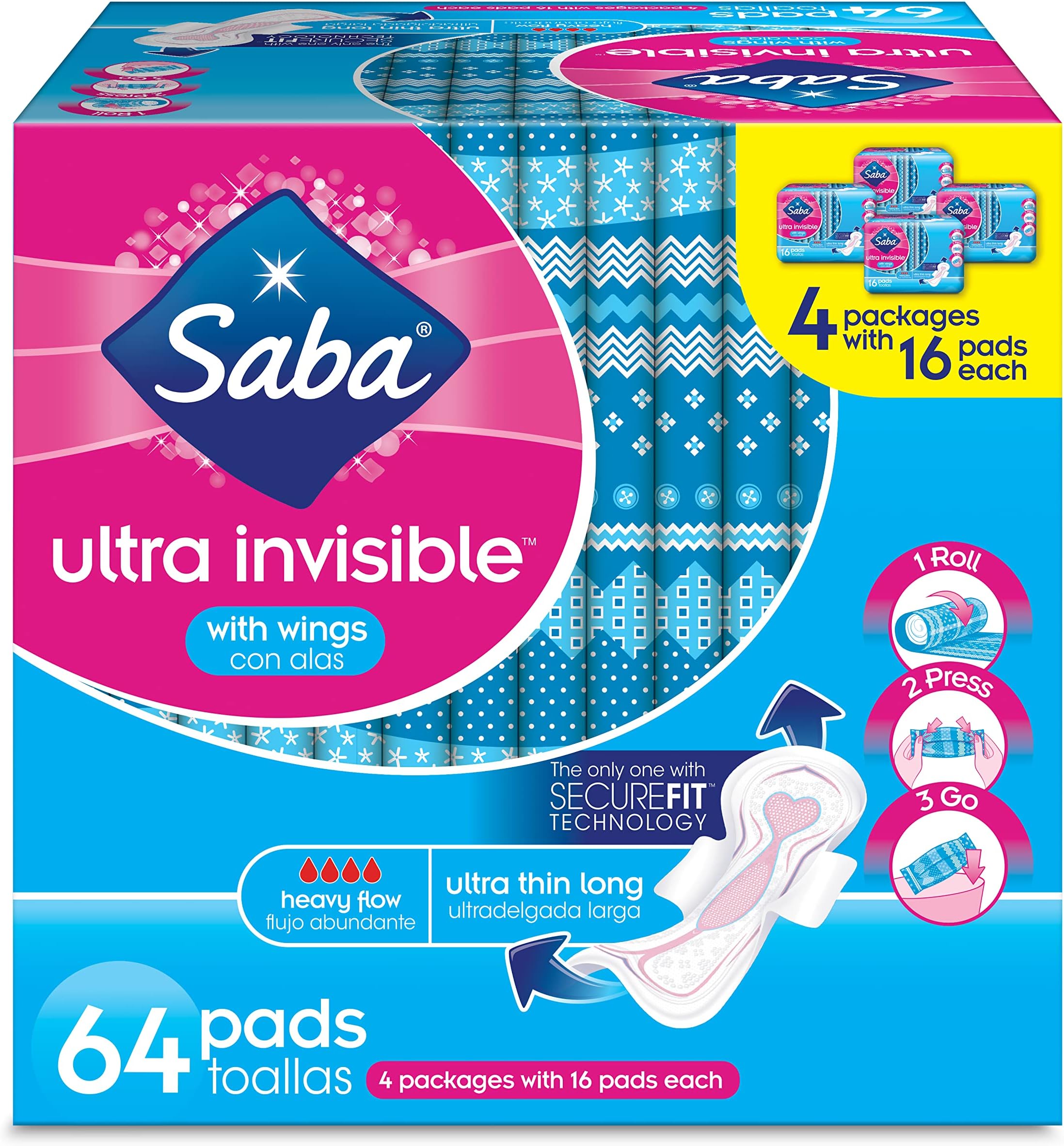 Saba Ultra Invisible Thin Long Pads With Wings | Discreet & Breathable Heavy Flow for Women | Perfect Fit for All Body Types & Underwear Styles | 64 Count (4 Packages, 16 Each)