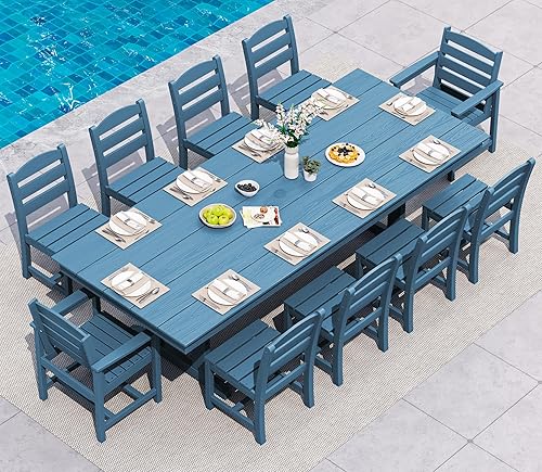 Vista 23 de SERWALL Juego de comedor al aire libre de 11 piezas, mesa y sillas de polietileno de alta densidad de 84 pulgadas para 10, juego de muebles de patio