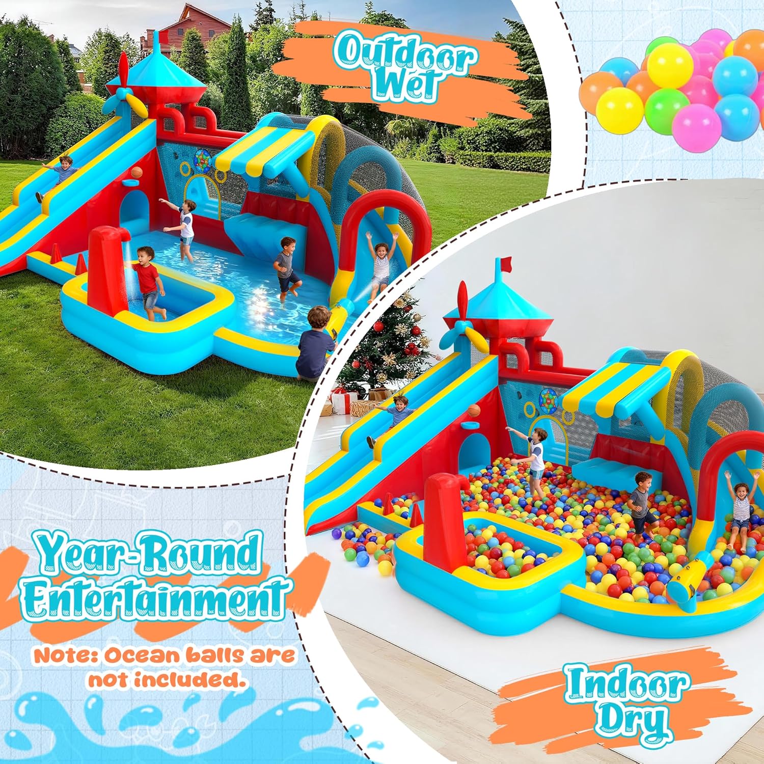 Inflatable Bounce House Double Water Slide for Big Kids,12 in 1 Bounce Castle with 750W Blower, Toy Stand, Water Gun, Splash Pool, Climbing Wall, Basketball Hoop, Outdoor Backyard (Red)