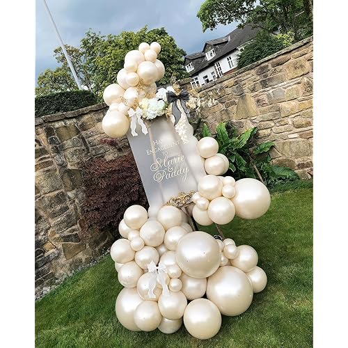Kozee Pearl white Double-Stuffed Balloons different sizes 60 PACK White sand ivory balloon Garland kit With pearl stickers and DIY bow For Wedding got engaged birde to be Birthday decorations