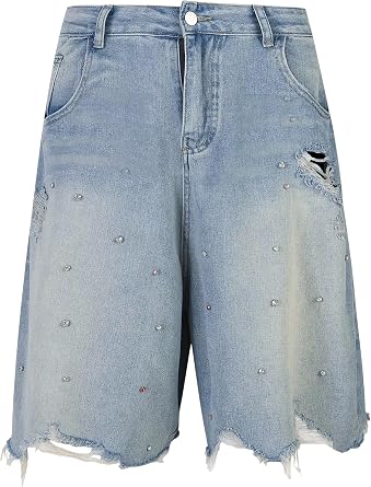 Unisex Jorts Baggy Denim Shorts Rhinestone Ripped Frayed Hem Mid-Low Rise Bermuda Streetwear Y2K