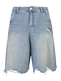 LuminBlaze Unisex Jorts Baggy Denim Shorts Rhinestone Ripped Frayed Hem Mid-Low Rise Bermuda Streetwear Y2K