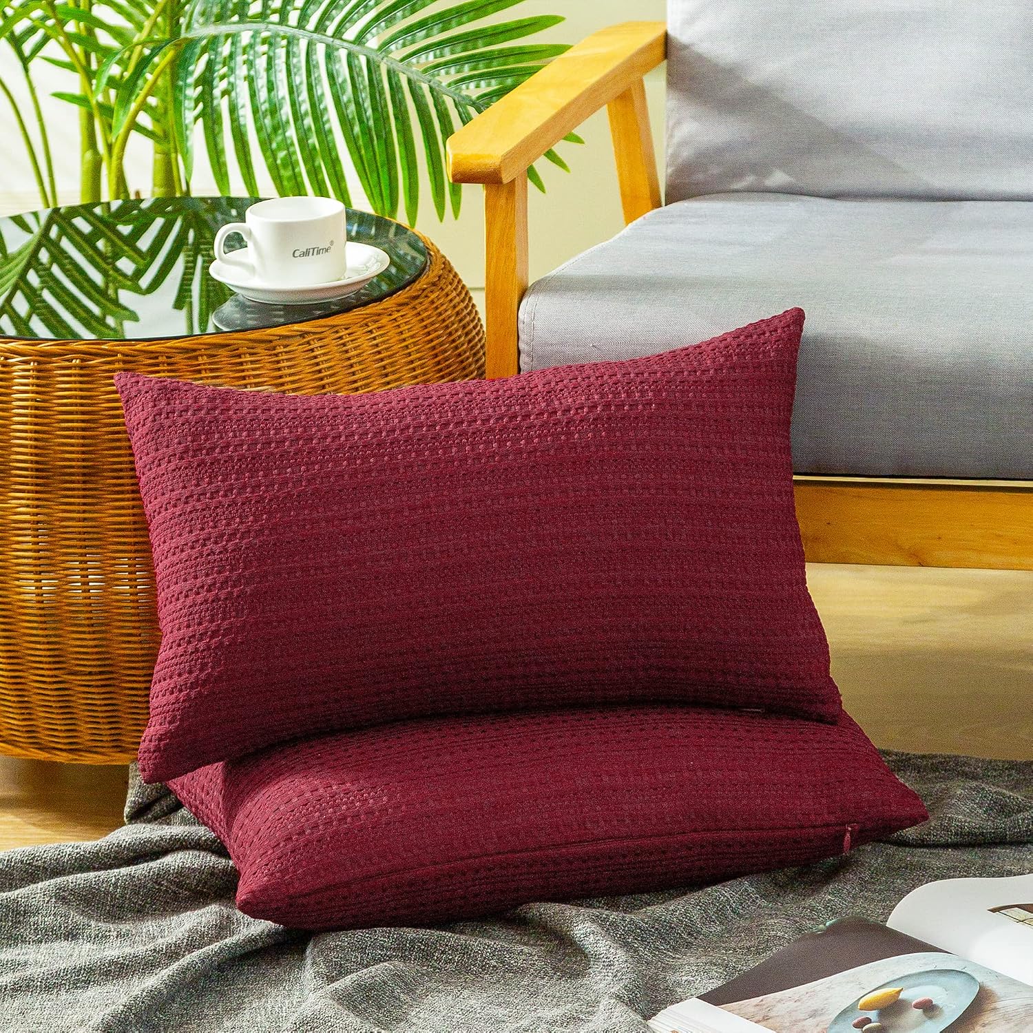 CaliTime Throw Pillow Cases Pack of 2 Waffle Weave Textured Soft Cushion Covers for Couch Sofa Home Farmhouse Decoration 12 X 20 Inches Burgundy