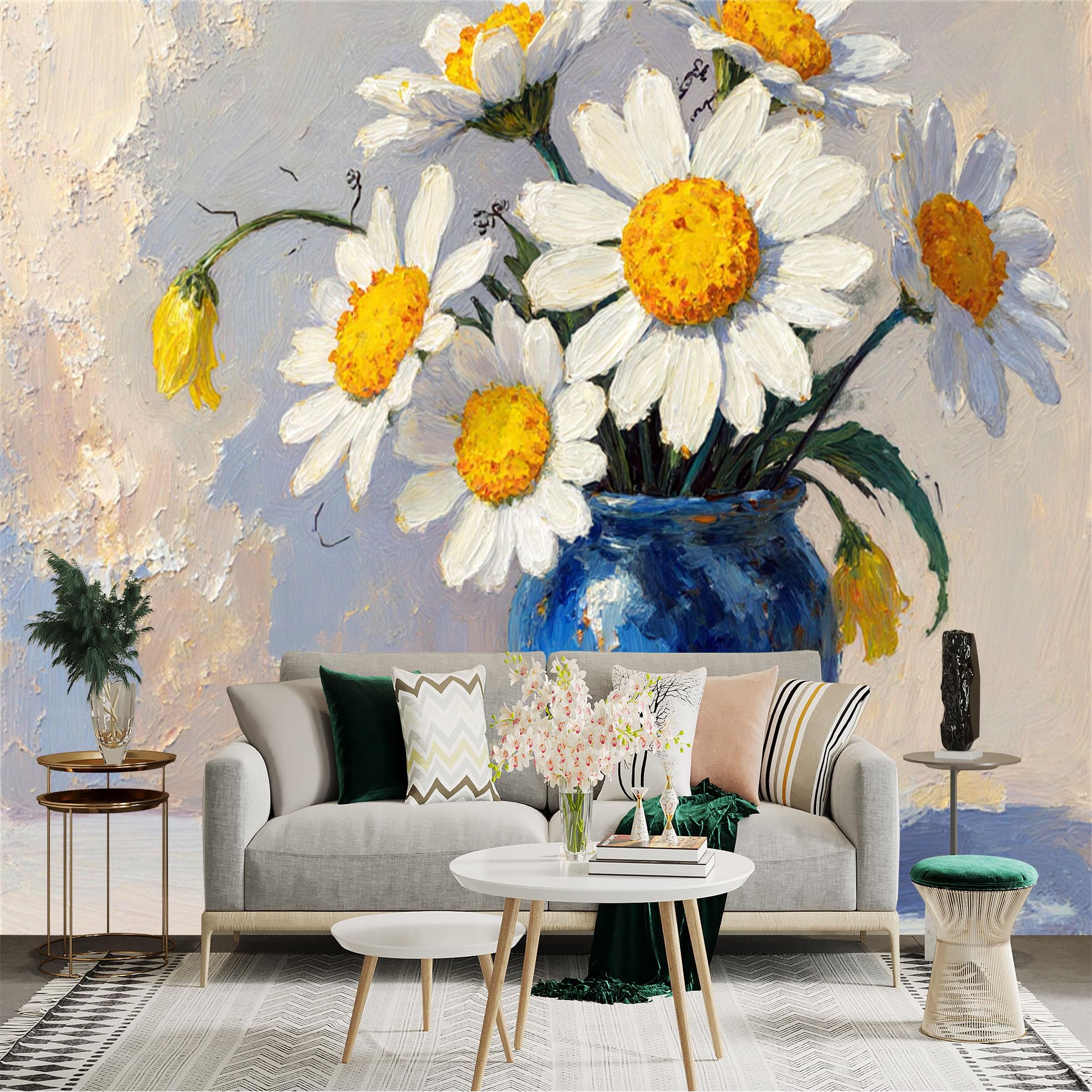 Custom Size Wall Sticker Mural， Impressionist Daisy Bouquet in Blue Vase， Oil Painting Style Floral Art， for wall Decoration， peelandstick wall Decals.