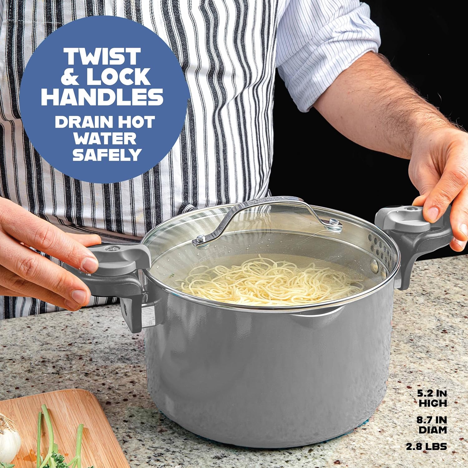 Gotham Steel 5 Quart Stock Pot Multipurpose Pasta Pot with Strainer Lid & Twist and Lock Handles, Ceramic Nonstick Cooking Pots + Pasta Strainer Lid, Spaghetti Pot, Dishwasher Safe - Image 4