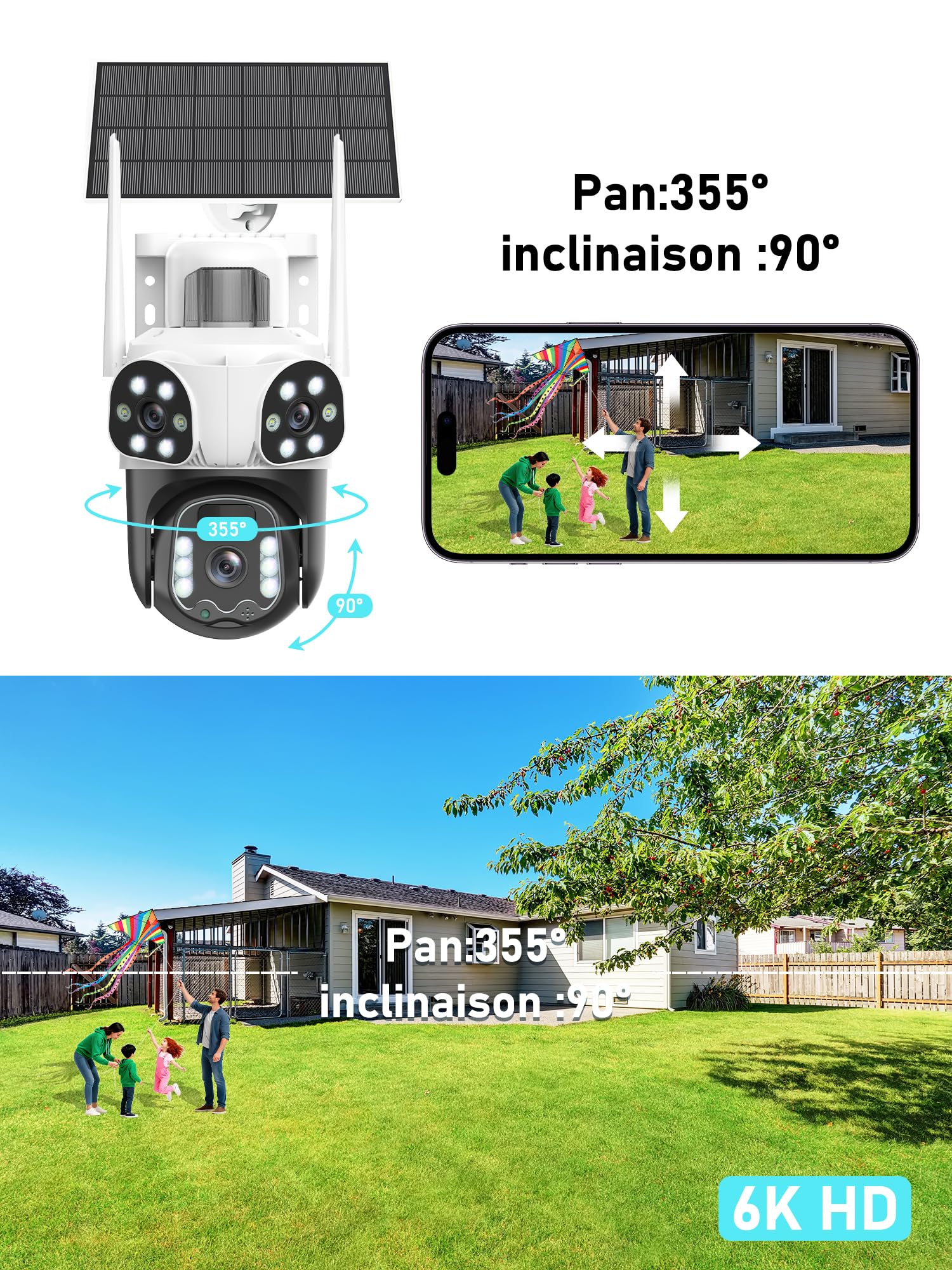 12MP Camera Surveillance WiFi Exterieure sans Fil,AOV 24/7,à triple objectif/Camera Solaire/Batterie,Suivi Automatique,360° PTZ Sécurité,Vision Vocturne,Audio Bidirectionnel,Alarme automatique,étanche