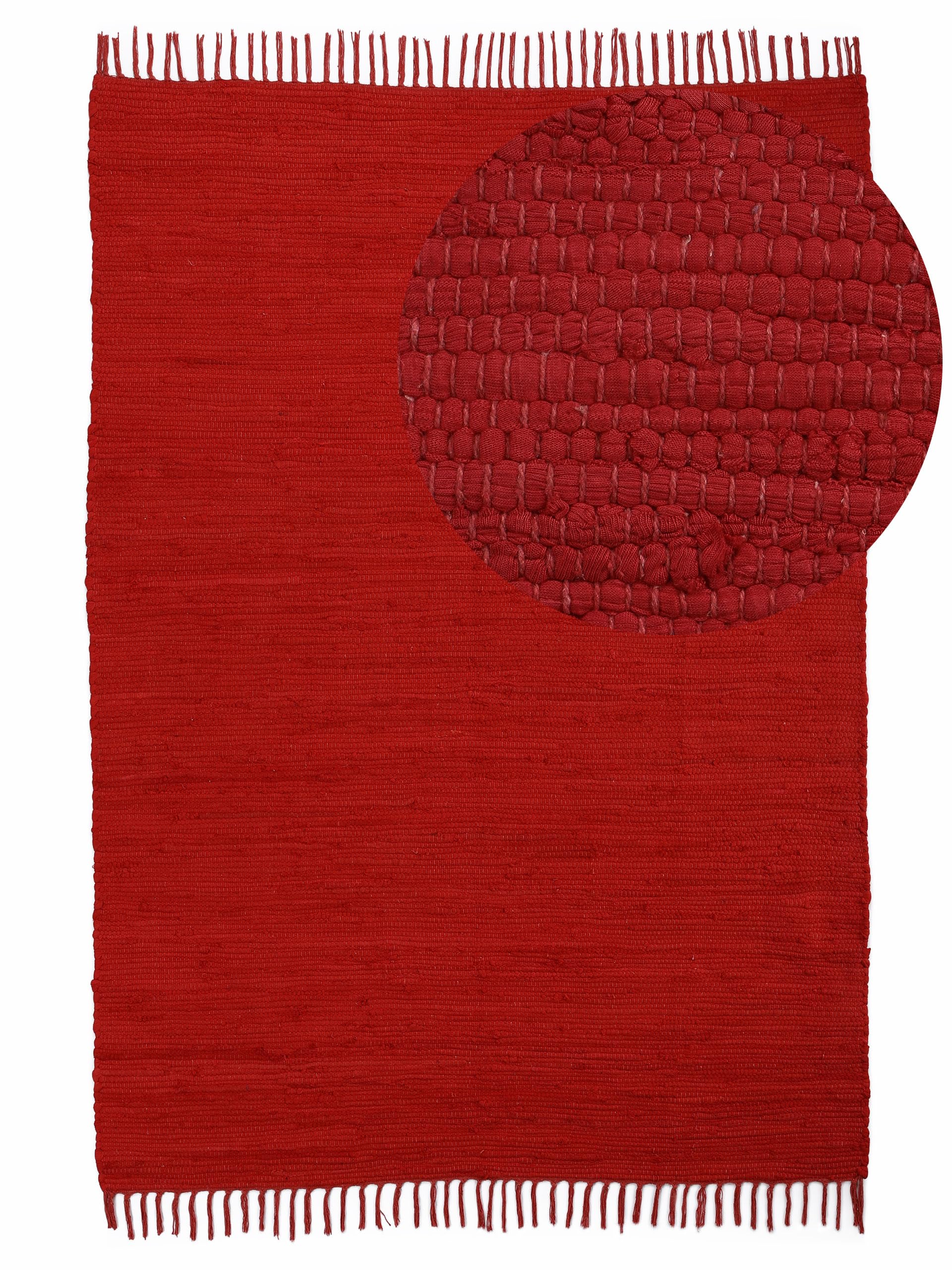 carpetfine Flickenteppich Kelim Chindi Uni Rot 70x140 cm, handgewebt | Fleckerlteppich aus Baumwolle für Wohnzimmermit Fransen