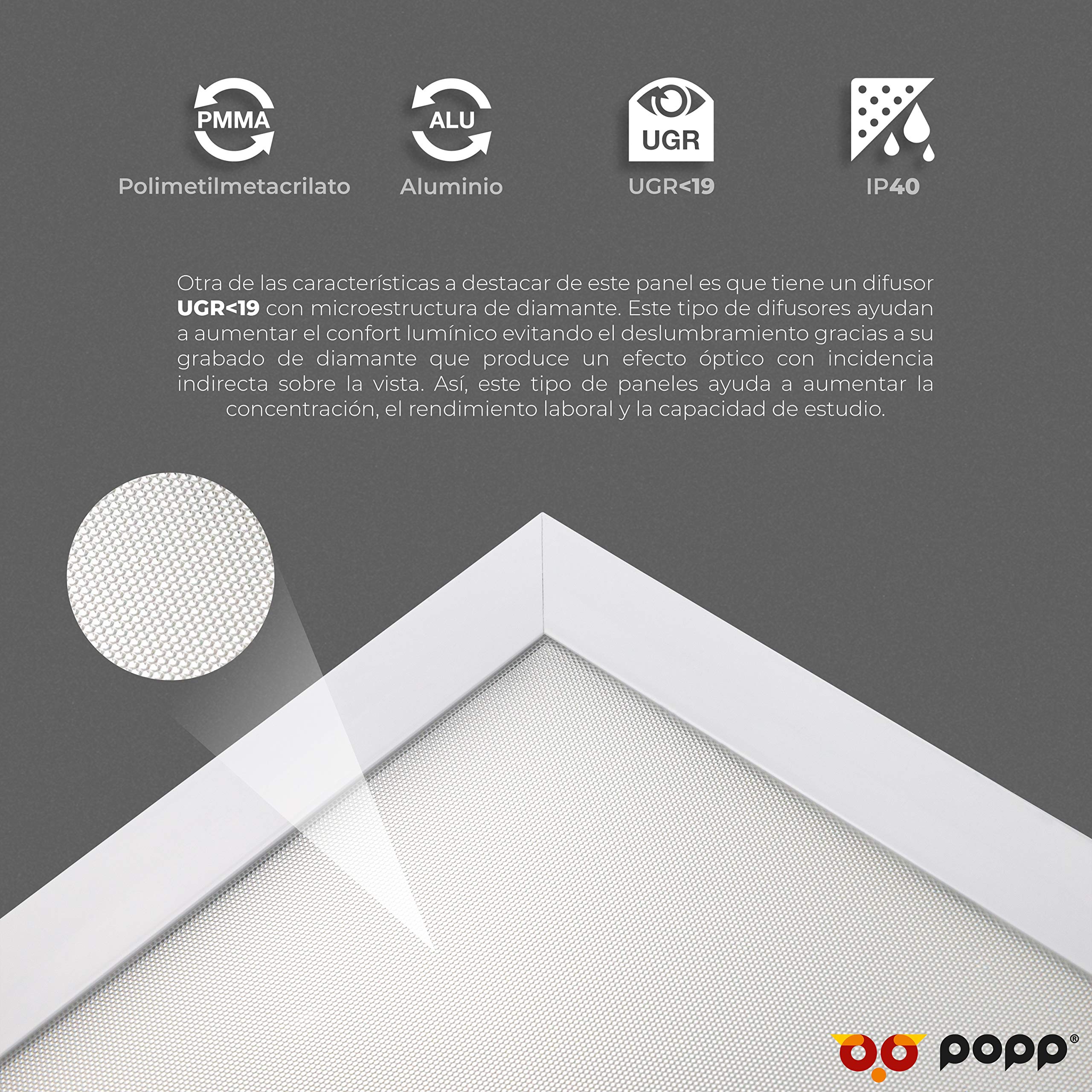 POPP® Panel LED Empotrable 40W super slim PRO con lente PMMA UGR<19 SMD 4014 IP40*(Driver LIFUD incluido) No flicker no requiere tornillos instalación, para techos desmontables (60x60cm Pack 2, 4000K)