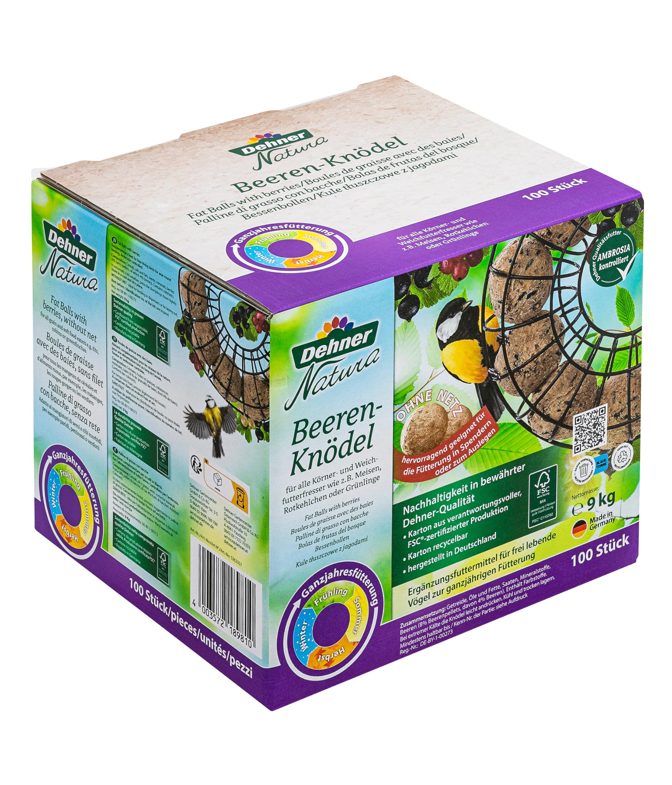 Dehner Natura Premium albóndigas de Grasa con Red, de Bayas, ricas en proteínas y energía, para Aves Silvestres Todo el año, 100 Piezas de 90g (9kg), Caja certificada FSC