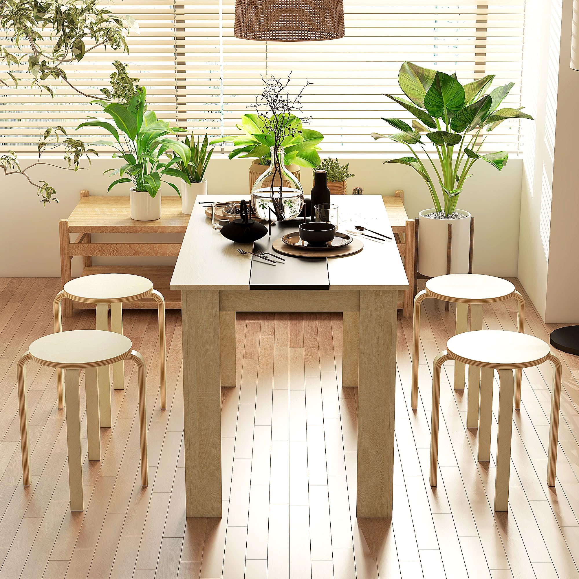 HOMCOM Taburetes Apilables Juego de 4 Taburetes Multiusos Madera Redondos Carga 120 kg para Cocina Salón Dormitorio Estudio Ø40x45 cm Madera Natural