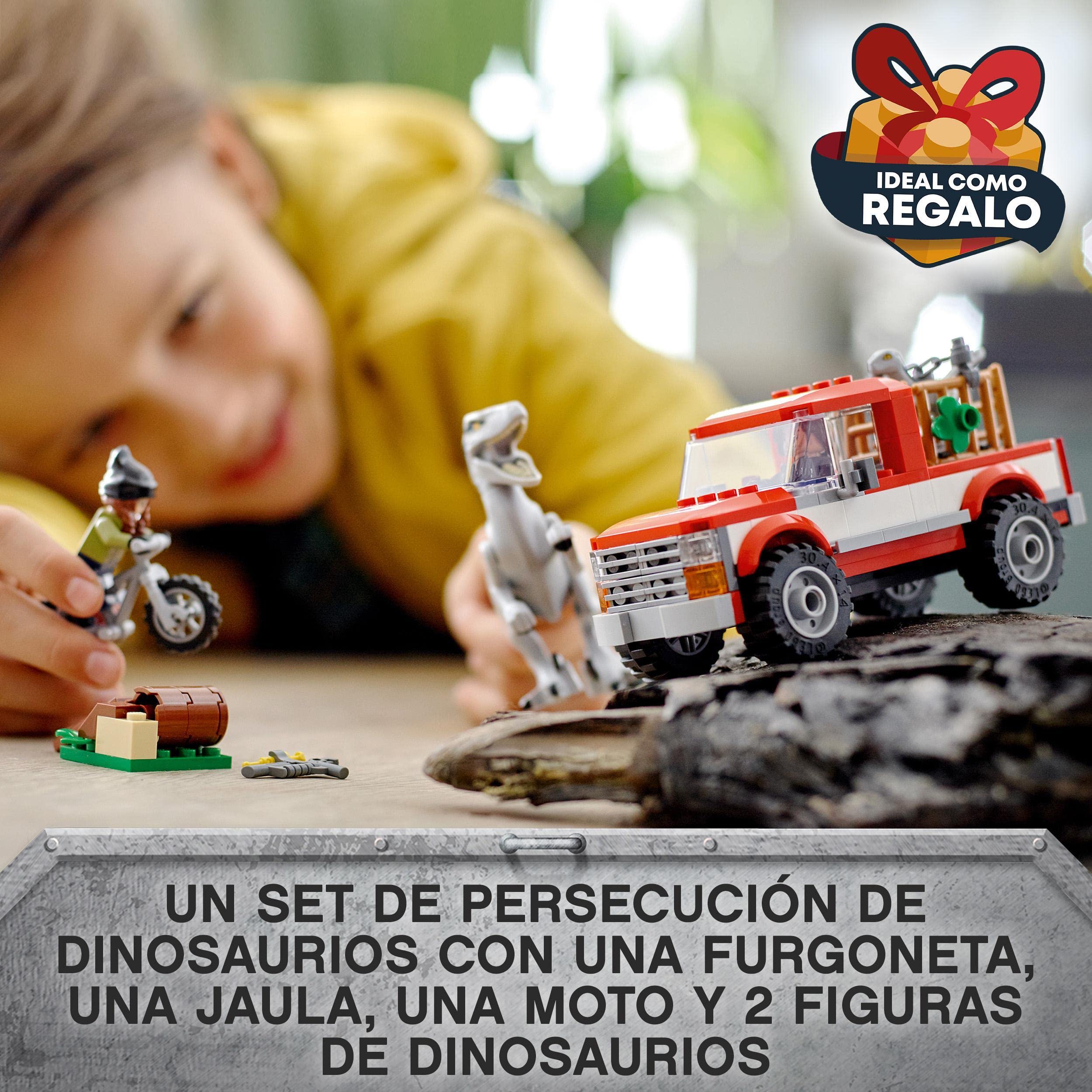 LEGO Jurassic World Captura de los Velocirraptores Blue y Beta, Dinosaurios Juguetes, Dino, Moto y Camión, Figuras de la Película Parque Jurásico, Regalo para Niños y Niñas de 6 Años o Más 76946