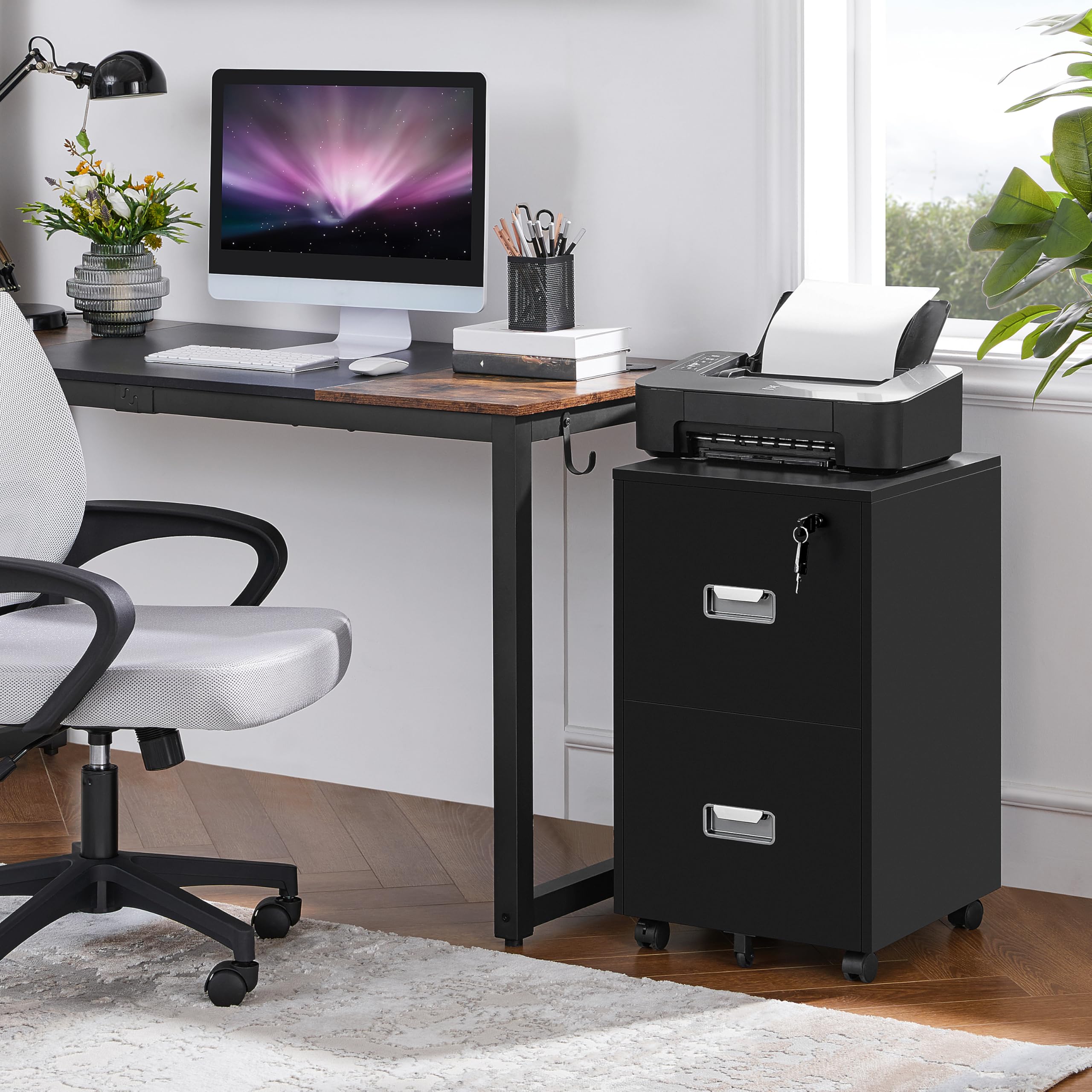 Cassettiera da Ufficio con Cassetti Salvaspazio Mobiletto da Ufficio con Rotelle Portadocumenti per Documenti Formato A4 e Lettera Studio in Legno e Metallo Nero