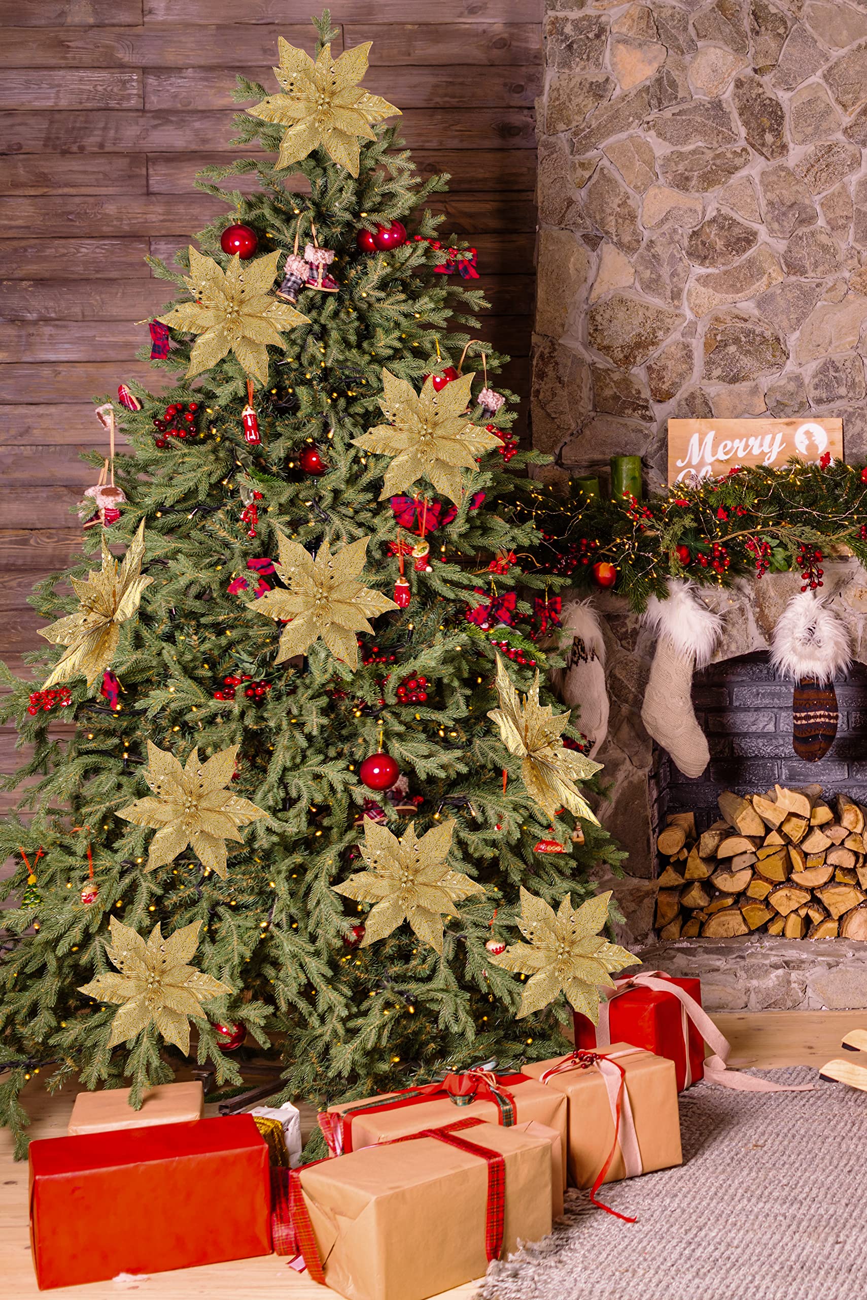 Oairse Juego de 4 Flores Artificiales de Navidad de 30 cm de Diámetro, Estrellas para Decoración de Árbol, Flores para Vacaciones, Centro de Mesa de Comedor