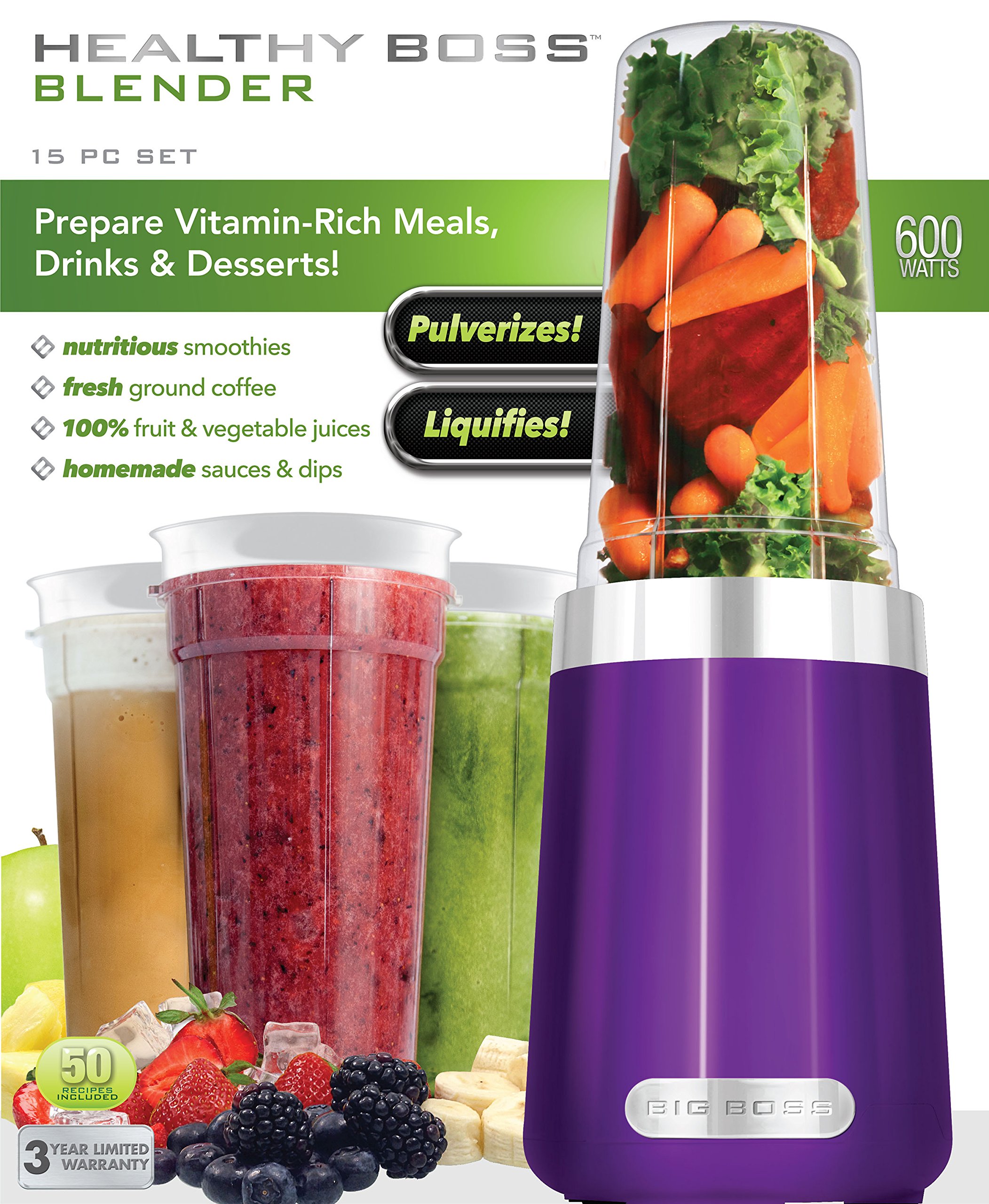 Big Boss 15 Piece Professional Blender, 600 Watt Power, Purple