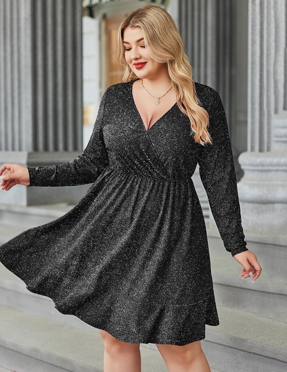 Zeagoo Plus Size Womens Glitter Dress V Neck Long Sleeve Ruffle Hem Swing Club Cocktail Party Dresses - Image 2