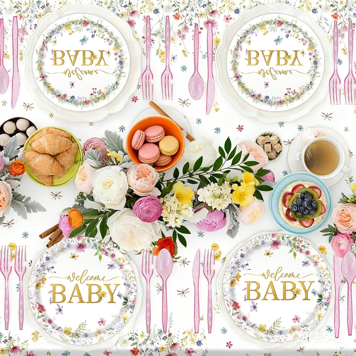 192PCs Wildflower Baby Shower Decorations Set, Baby Shower Decorations Party Decorations with Wildflower Plates Cup Napkin Tablecloth Tableware Banner Cupcake Topper Floral Supplies for 24 Guests