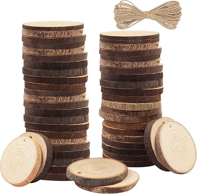 Kurtzy Unfinished Natural Wood Slices (50 Pack) - 3-5cm Diameter & 5mm Thick - Predrilled Holes & 10m of Jute Twine - Small Rustic Wooden Log Discs with Bark & Smooth Finish - For Crafts & Decorations