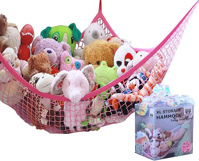 MiniOwls Rose Toy Hammock Organizer - Teddy Bear Hanging Storage for Girl's Bedroom. Pinkalicious Fuchsia Décor Accent. Strong Quality Elastic (Pink, X-Large)