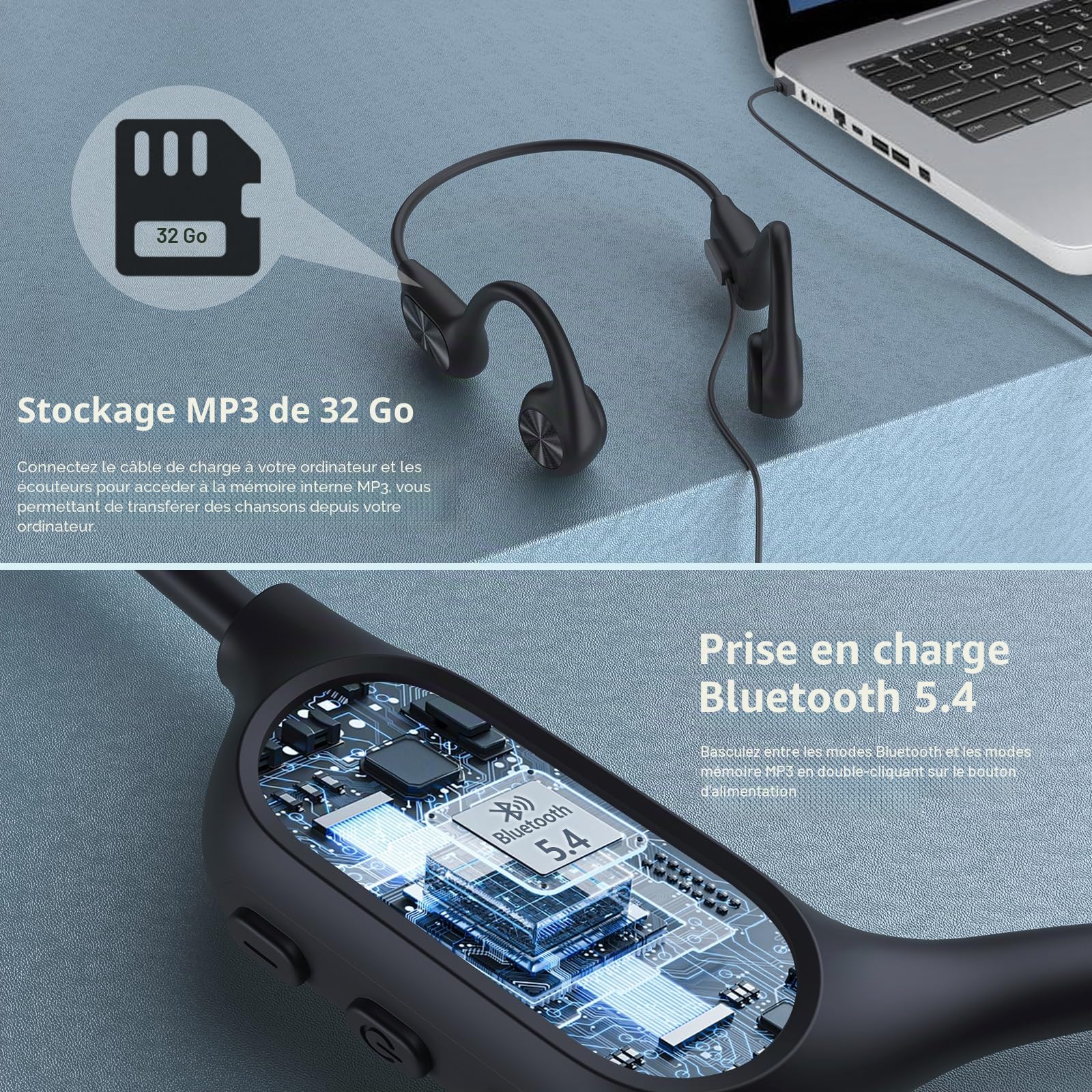 Casque Conduction Osseuse Bluetooth 5.4,Écouteur Natation IPX8 Étanche avec Lecteur MP3 à Mémoire Intégrée de 32 Go,Casque Sport Oreilles Ouvertes, 8H d’Autonomie pour Natation, Course à Pied,Cyclisme