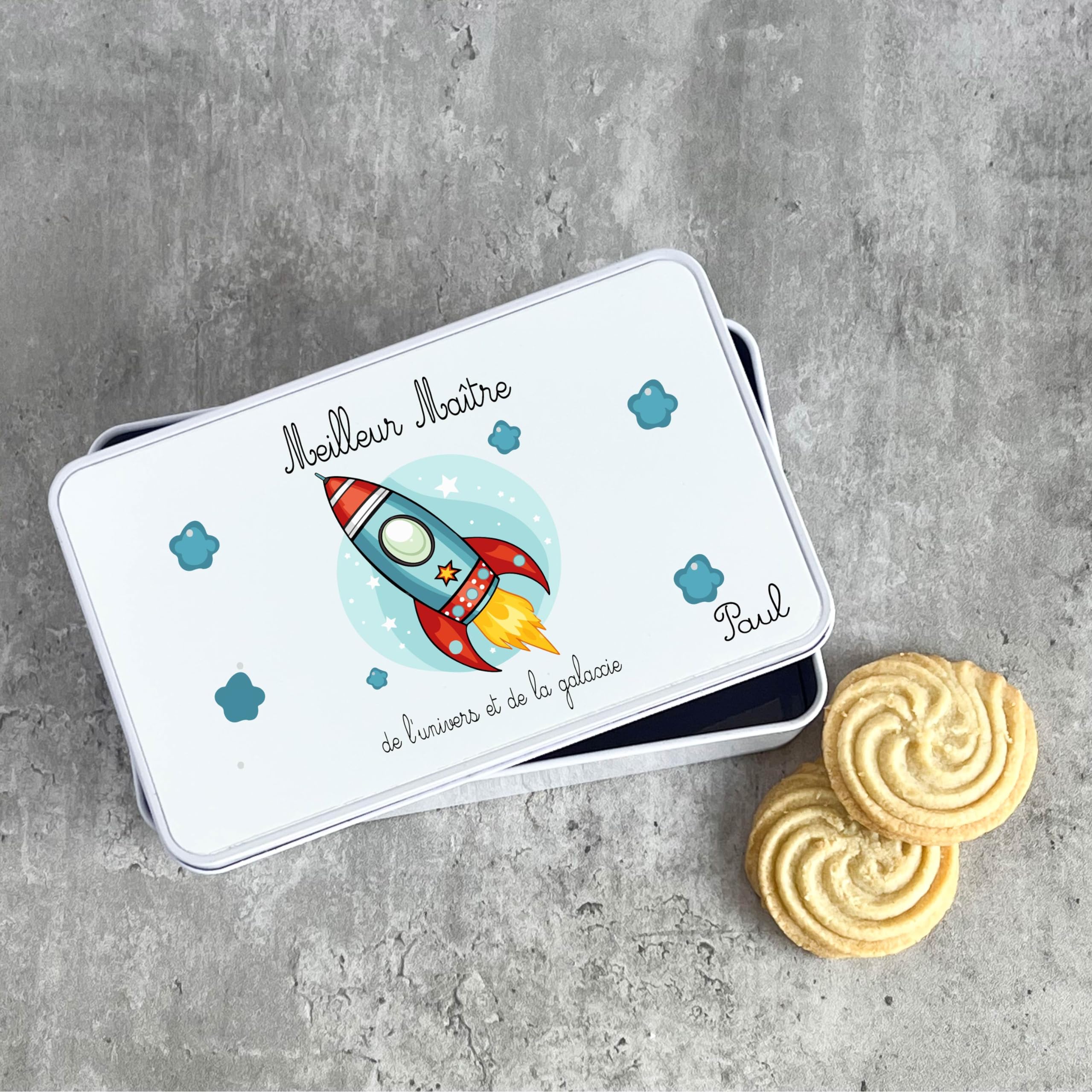 Boîte à Biscuits Meilleur Maître de l’Univers et de la Galaxie – Personnalisée avec Prénom Enfant – Aluminium 18x10 cm – Cadeau Fin d’Année Scolaire