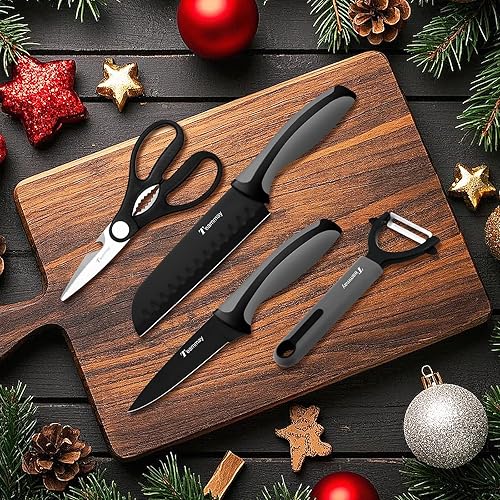 Miniatura 2 de Juego de cuchillos de cocina de 4 piezas, incluye cuchillo Santoku, cuchillo de pelar, tijeras multiusos y pelador, acero inoxidable alemán de alto