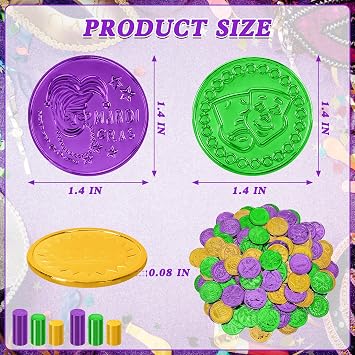 200 PCS Mardi Gras Decorations, 1.4 in Purple Gold Green Fake Coins, Crown Masks Pattern Mardi Gras Gold Coins Plastic Coins Leprechaun Gold Coins, Mardi Gras Table Decorations Costume Accessories