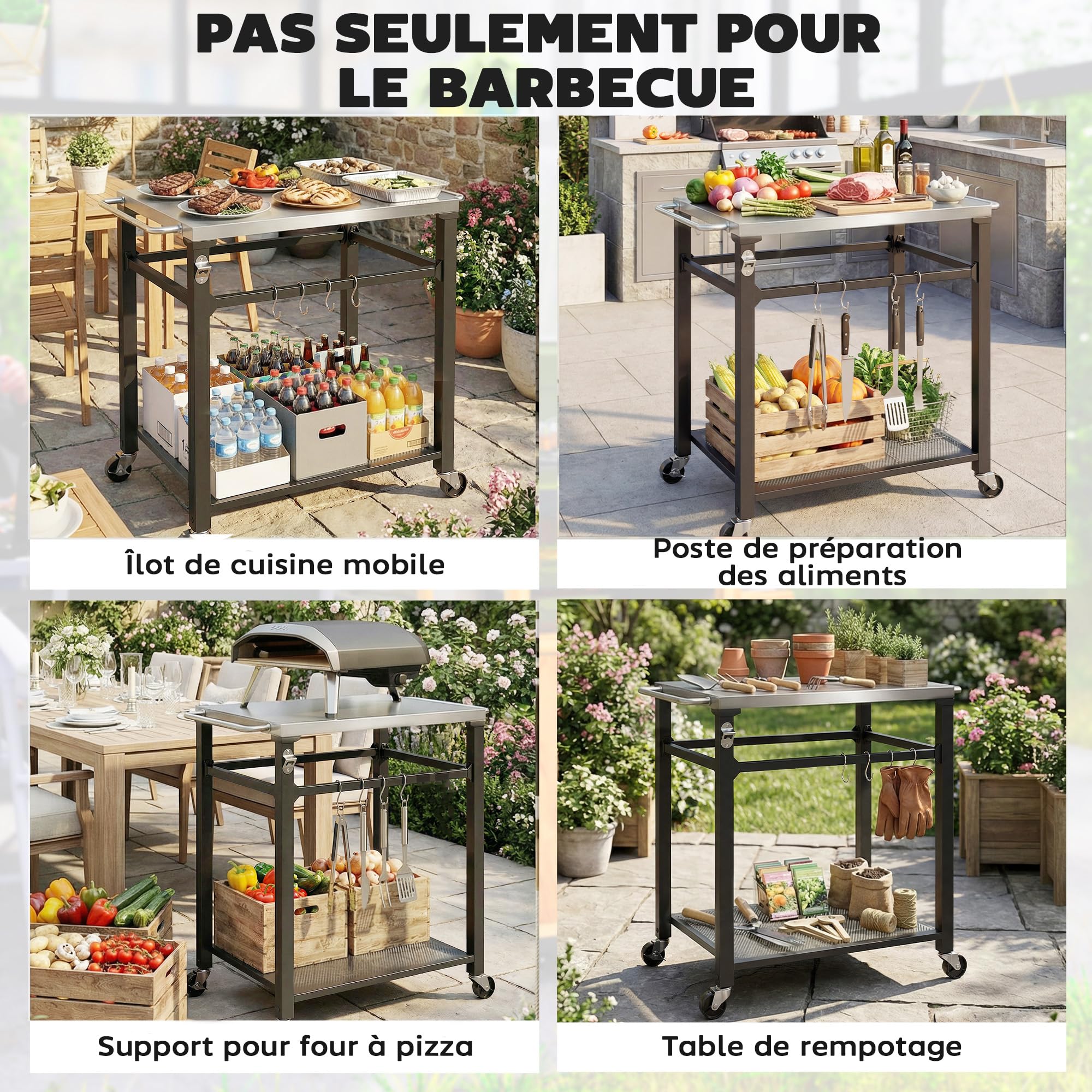 Outsunny Desserte Jardin Chariot de Barbecue sur roulettes îlot de Cuisine Plateau en Acier Inoxydable étagère Ouverte Crochets, poignée et Roues verrouillables, 82 x 55 x 79 cm, Noir