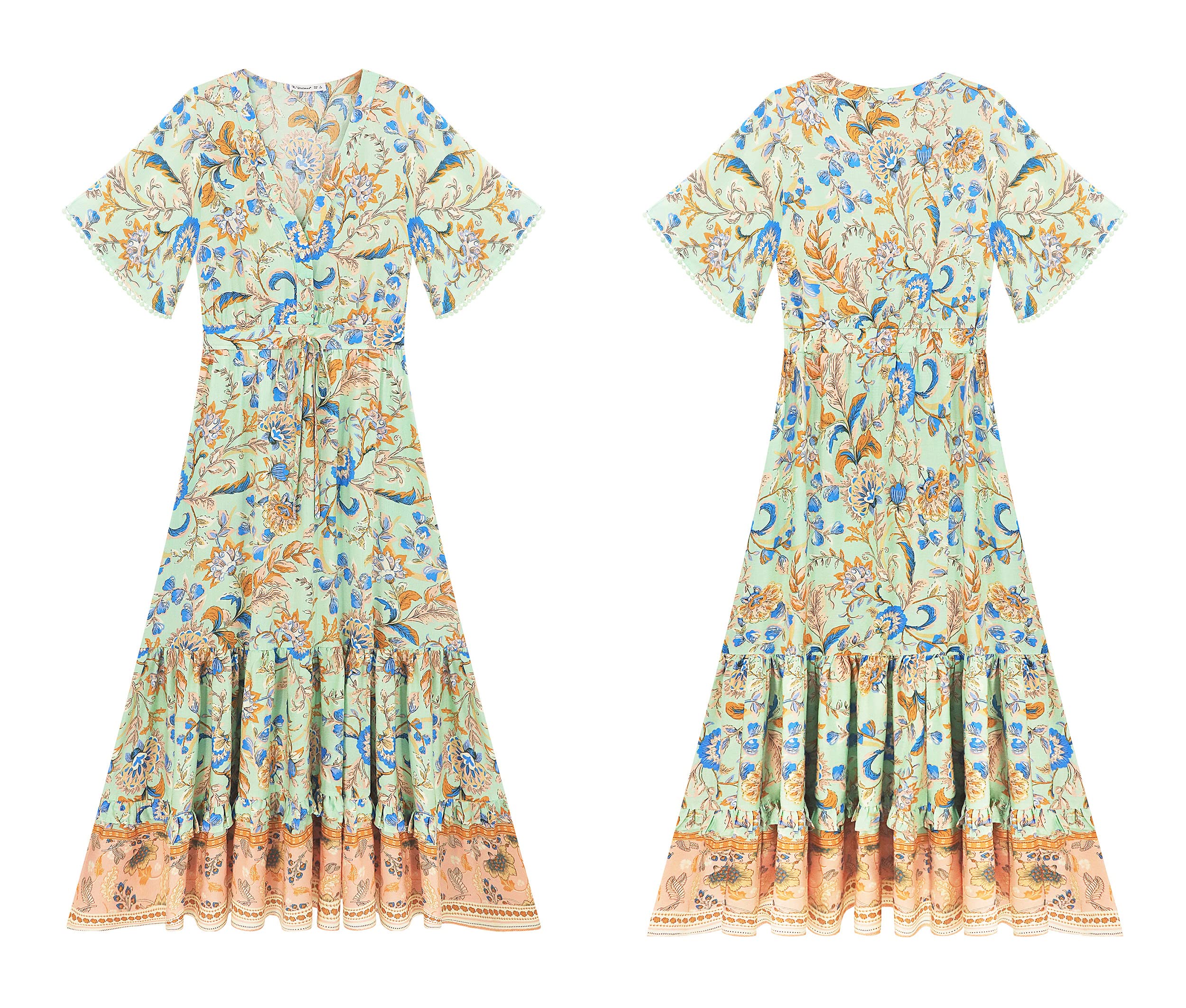 R.Vivimos Abito Boho Estivo Donna Abito Sexy Scollo a V Bottoni Manica Corta Vestito Elegante con Volant Orlo Abito Lungo Maxi da Spiaggia Casual per Le Vacanze(L,Aqua-Floreale)