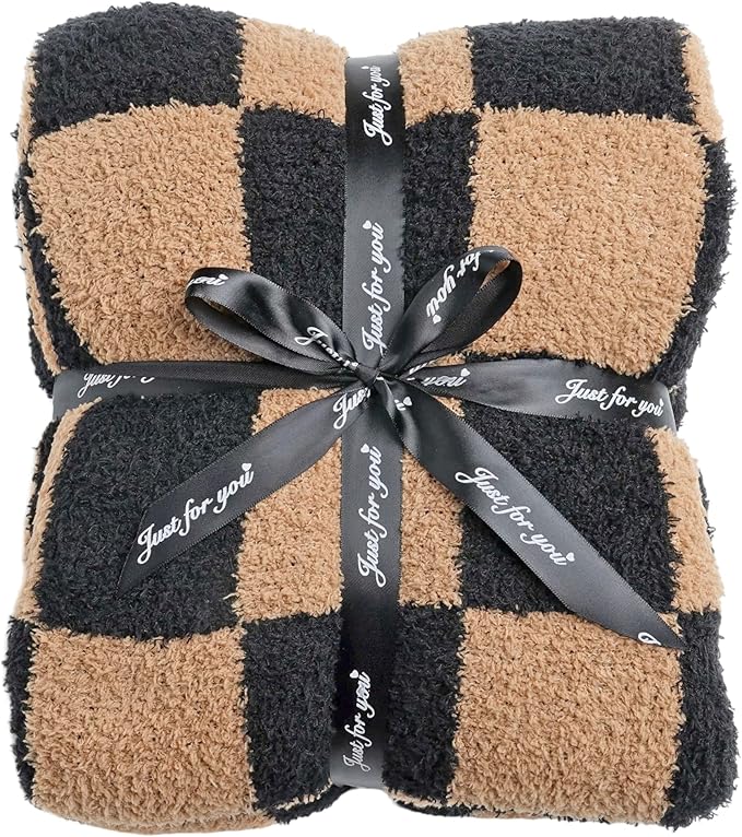 Ultra Soft Checkered Blanket Cozy Buffalo Check Throw Fluffy Knitted Reversible Throw Blanket Lightweight Fleece Checkerboard Grid Blanket for Sofa Couch Bed Travel, Black/Camel, 51''x63''