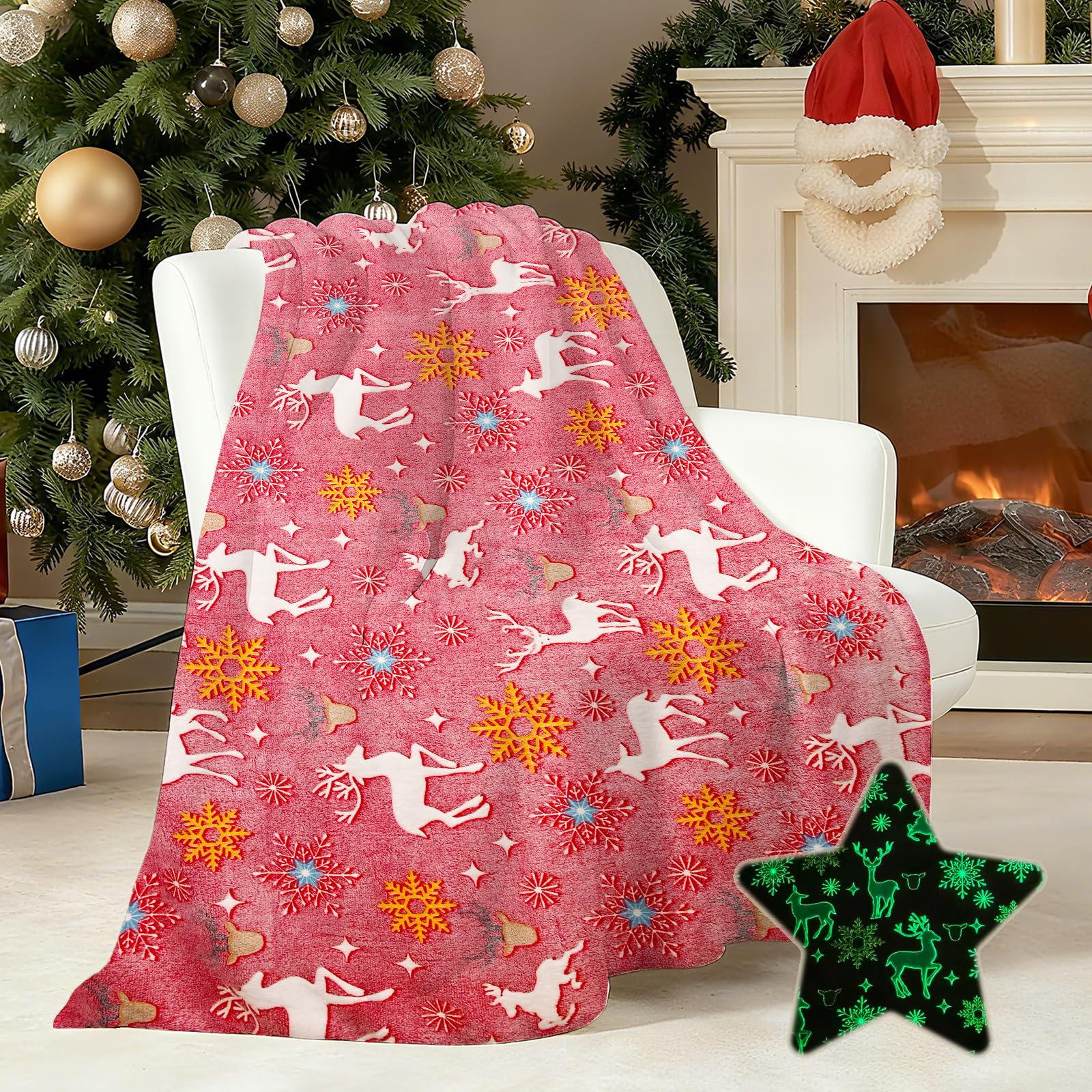 AVJWWD Glow in The Dark Throw Blanket,Christmas Flannel Fleece Blanket,All Season Sofa Nap Blanket for Kids Adults Gifts (Christmas 01, 150 x 200 cm)