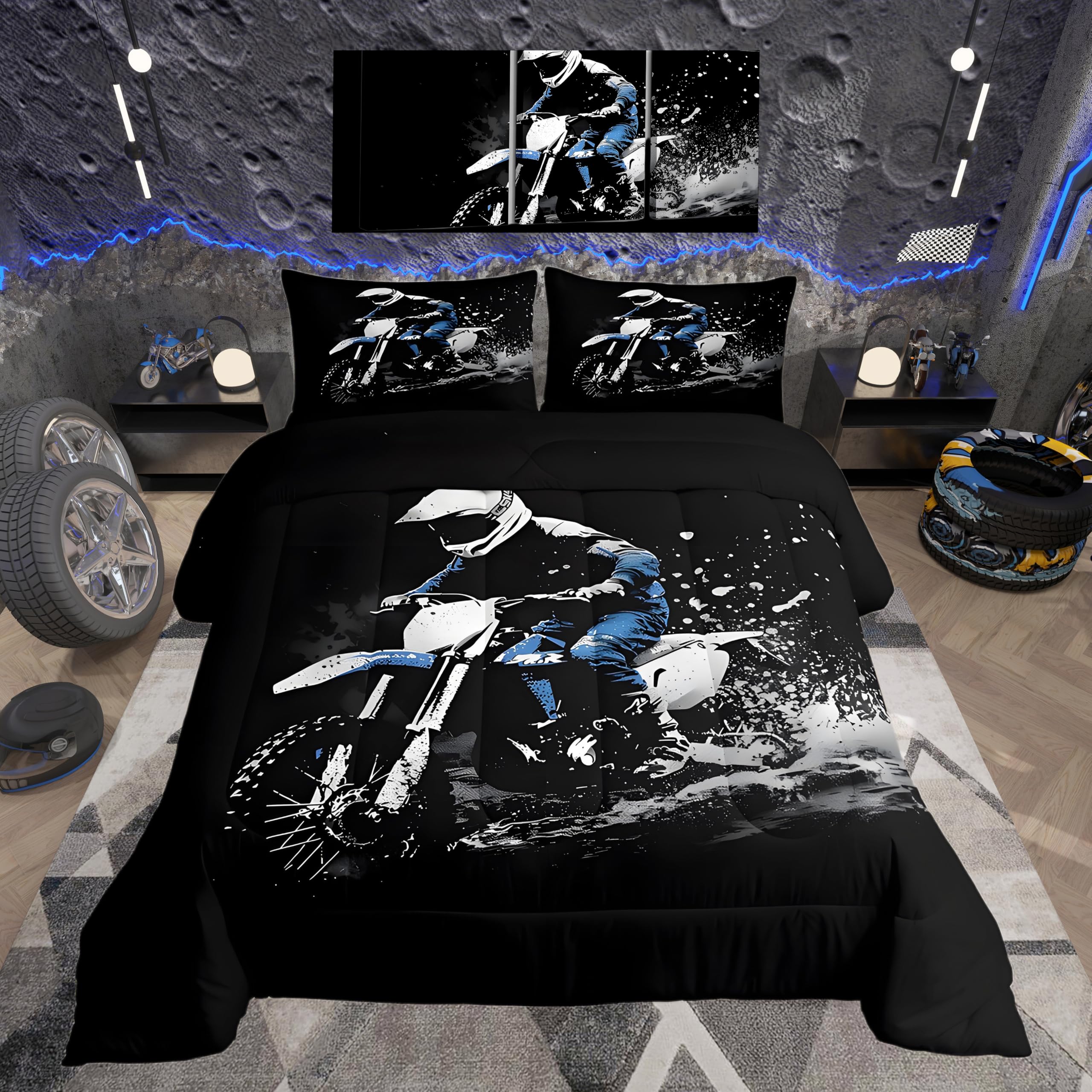 Feelyou Dirt Bike Comforter Set Queen Size Racing Themed Dirt Bike Bedding Set Ultra Soft Racing Motocross Bedding for Kids Boys Girls Motocross Comforter Room Decor Motorbike Quilt Set