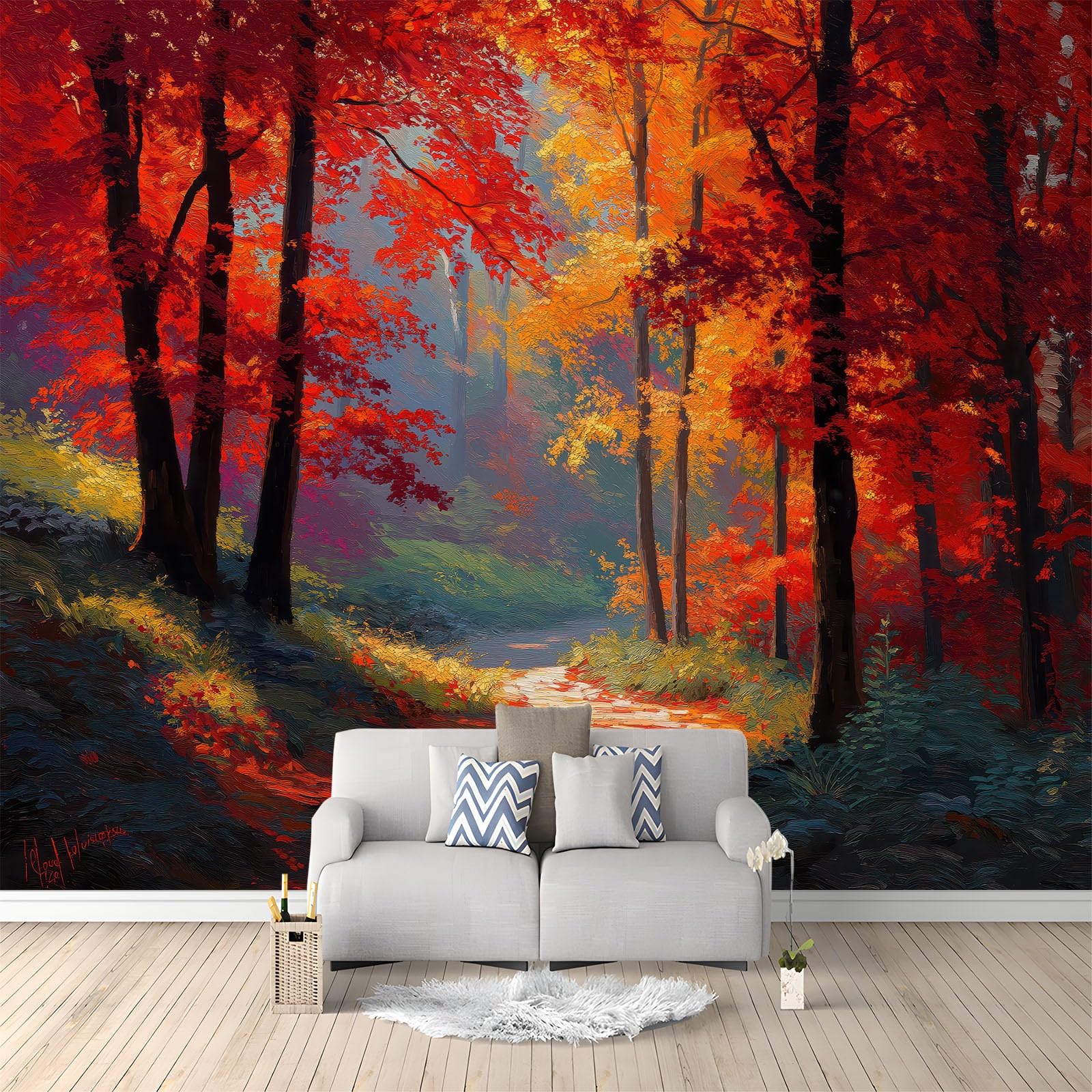 Oil Painting Dreamy Forest Foliage Red Non-Woven Wall Mural 400 x 280 cm - Large Photo Wallpaper Decoration for Kids Bedroom, Playroom, Living Room & Office