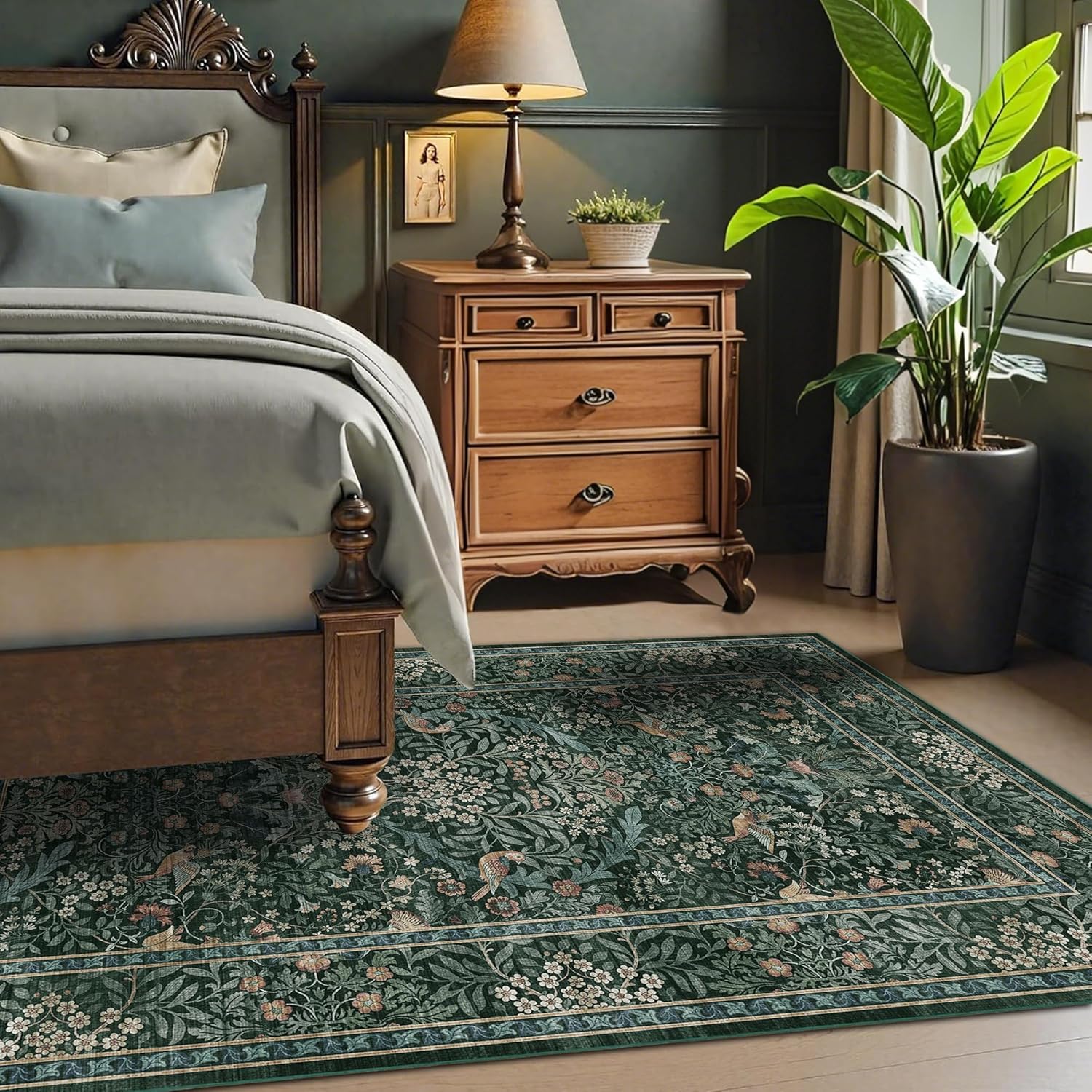 3x5 Floral Washable Area Rug for Living Room, Vintage Boho Rugs for Bedroom Dining Room, Botanical Birds Non Slip Low Pile Forest Throw Carpet for Farmhouse Office, Retro Green/Blue