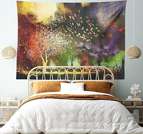 Miniatura 168 de Ambesonne Tapiz de fantasía, paisaje de fantasía con reloj, rayos de cielo de ensueño desde el techo, arte ficticio, colgante de pared ancho para