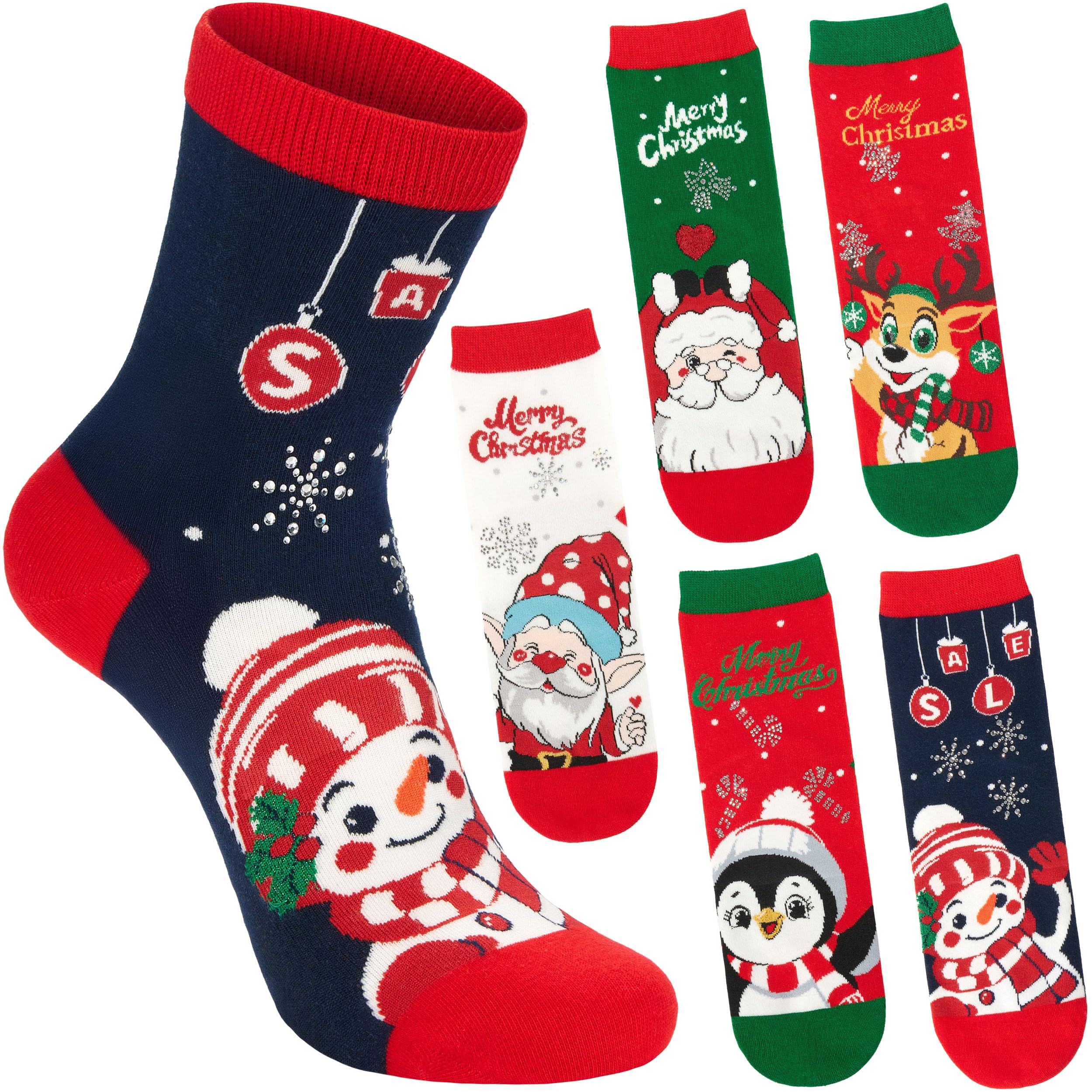 Brubaker Women's Mix 3 - Snowman, Elf, Penguin And Father Christmas 5 Pairs Of Socks For – Penguin, Reindeer, Santa & Snowman – Funny Christmas Footwear – Colourful Winter Socks Set Made Of Cotton – Gift For – Size 1-3 Uk (31-35 Eu)