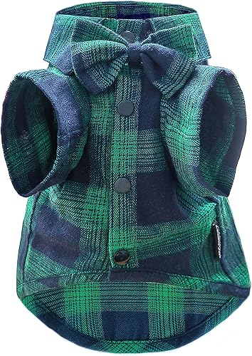 Camisa a cuadros para perro, ropa suave y casual para mascotas, camisa de algodón para perros con moño para bodas, trajes de Navidad (Mediana, Verde