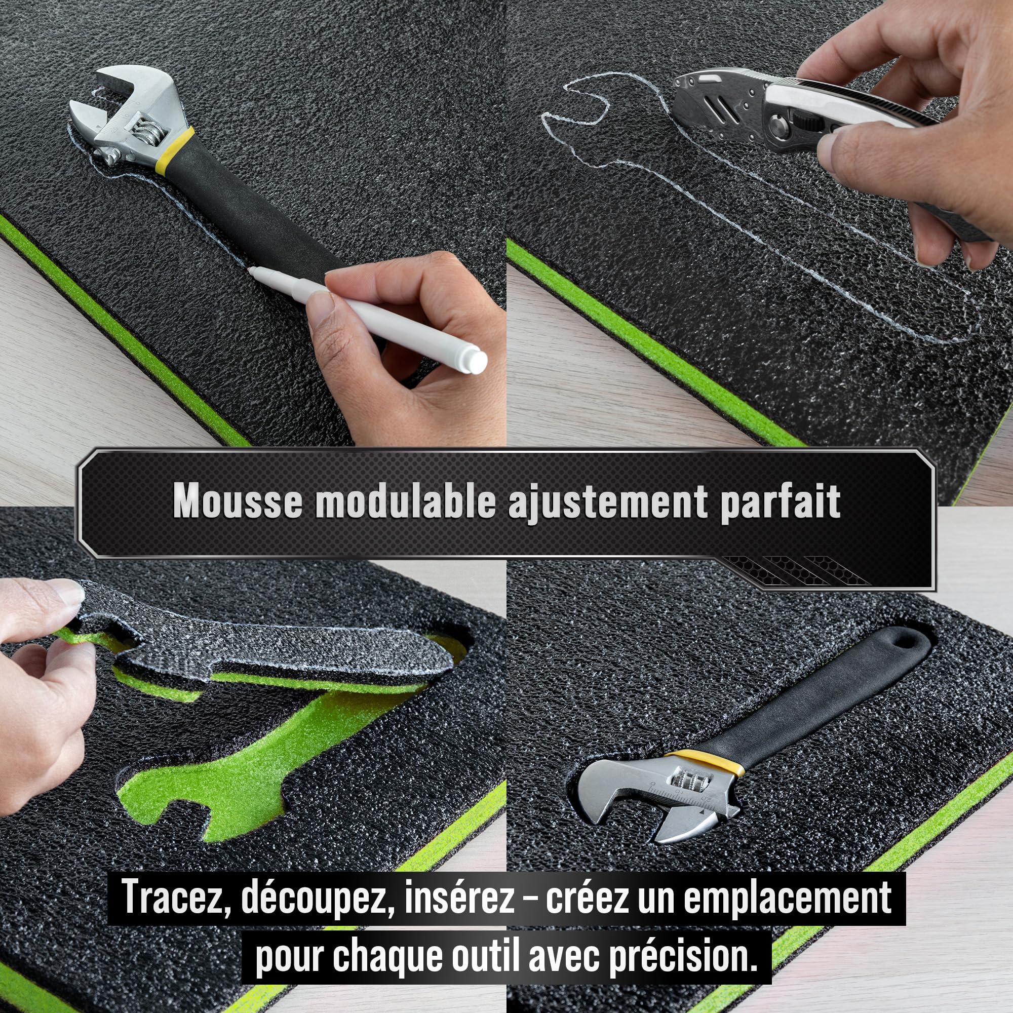 Precision Defined Mousse pour Boîte à Outils - Inserts en Mousse pour Étuis, Mouss Shadow, Mouss pour Outils, Mousses en Polyéthylène - Noir/Vert (40,6 x 30,4 x 2,54 cm, Lot de 4)