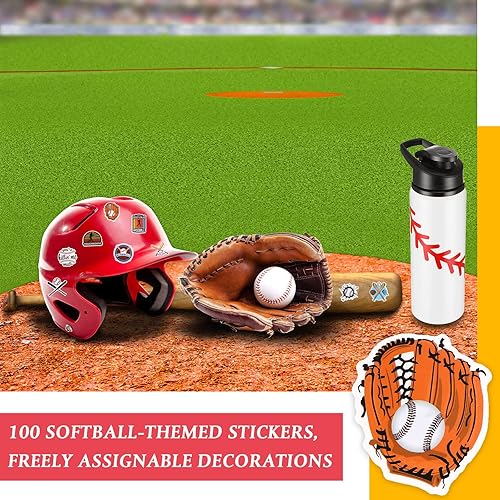 Miniatura 5 de Gerrii 12 botellas de agua de béisbol a granel de 20 onzas con tapa a presión, botellas reutilizables, 100 calcomanías, calcomanías de premio para