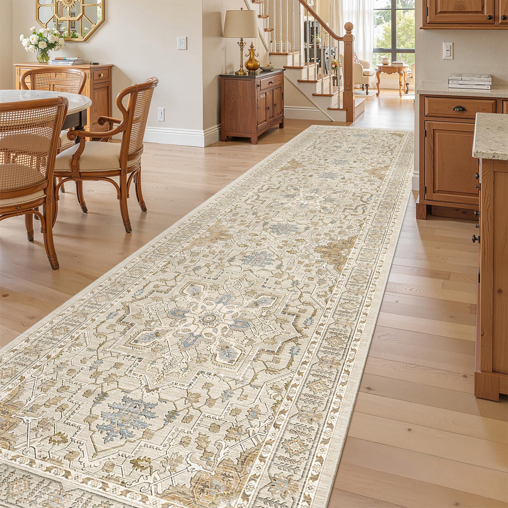 Photo 1 of Madane 3x12 Hallway Runner Rug, Non Slip Washable 12ft Runner for Hallways Soft Vintage Kitchen Rugs Low-Pile Thin Floor Carpet Runner for Entryway Bathroom Bedroom, Beige/Blue