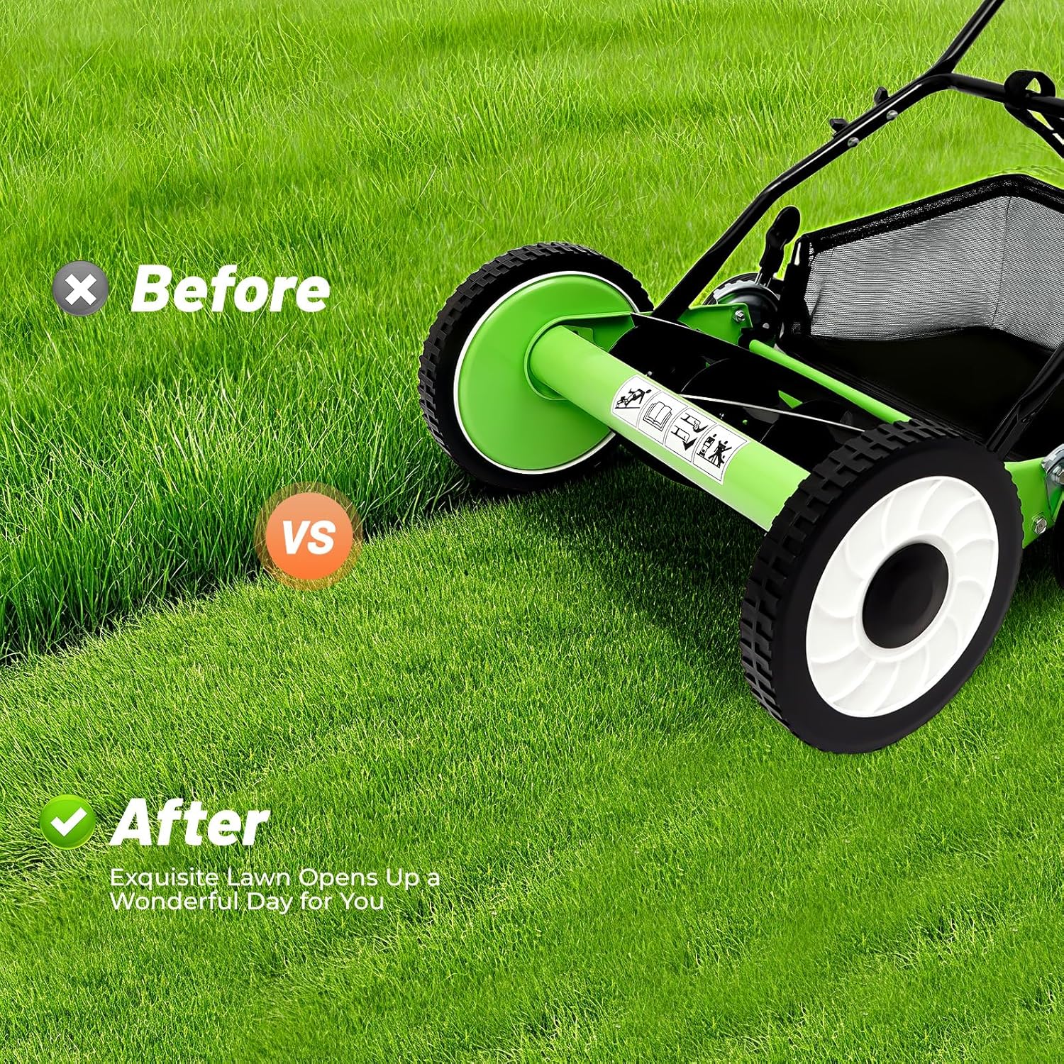 16-Inch 5-Blade Cordless Manual Reel Lawn Mower, Adjustable Cutting/Handle Height Grass Cutter with Grass Catcher, Quiet Push Mower for Villa Yard, Park, Green