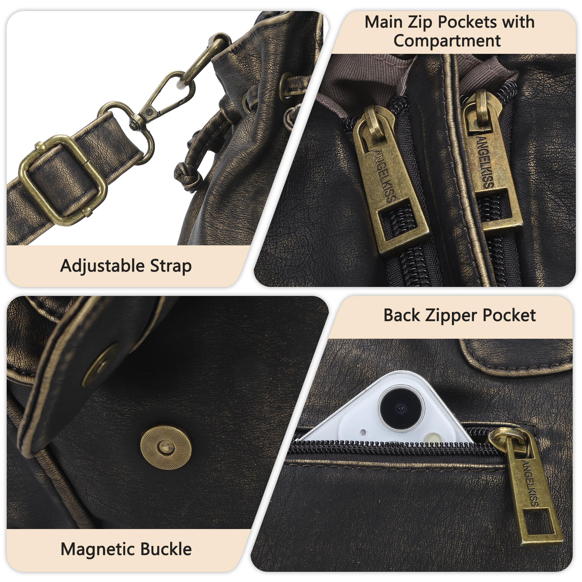 Angel Kiss Piccola borsa hobo da donna in pelle lavata retrò borsa a tracolla spaziosa con manici superiori borse con tracolla rimovibile