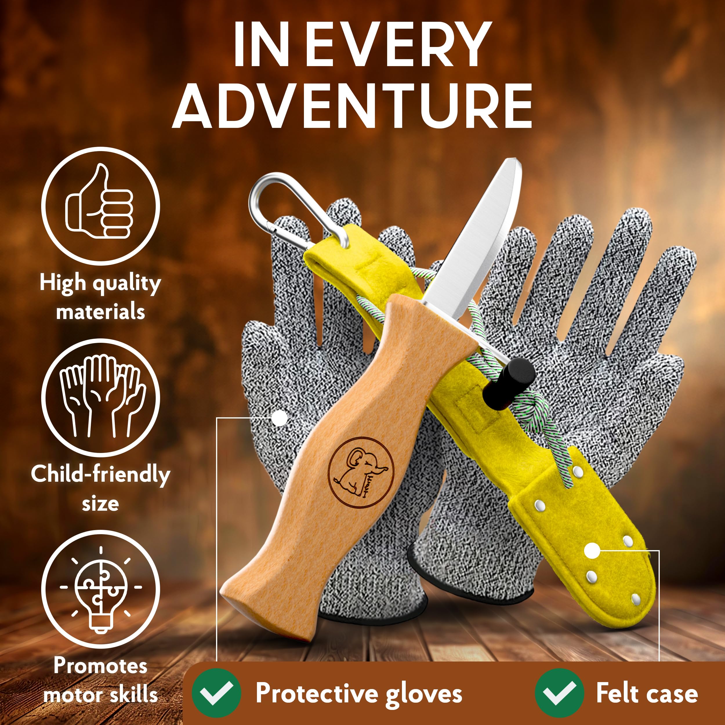 Eli® Cuchillo de Tallado para Niños con Funda de Fieltro desde 6 Años – Cuchillo Infantil Set de Tallado incl. Guantes Resistentes a Cortes – Cuchillo de Talla para Niños – Herramienta de Tallado