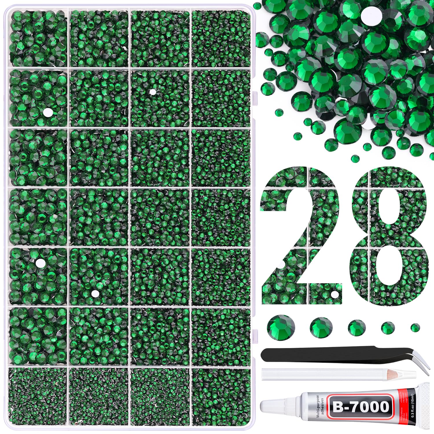 30000Pcs Resin Rhinestones for Bedazzling with Tweezers, Emerald Green Rhinestones for Crafting with B7000 Jewelry Glue for DIY Crafts Clothing